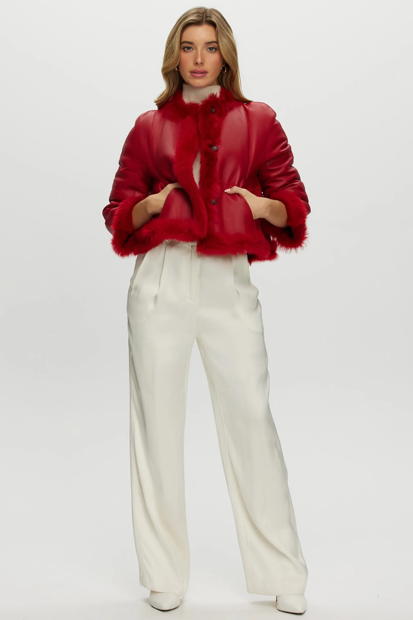 Reversible Collarless Toscana Shearling Lamb Jacket With 3/4 Sleeves - Image 17