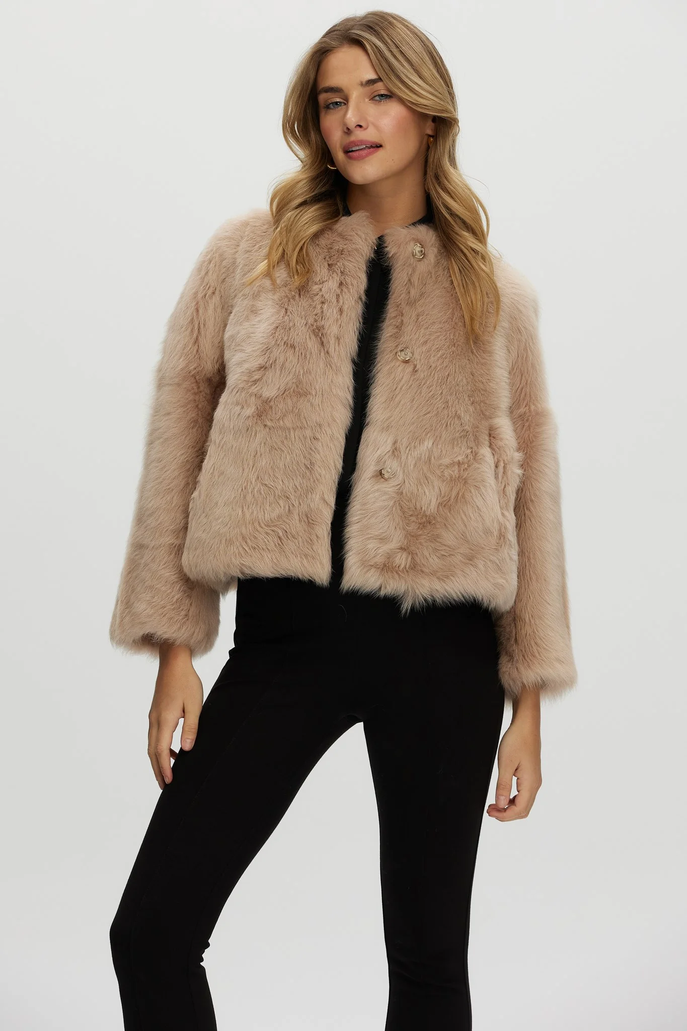 Reversible Collarless Toscana Shearling Lamb Jacket With 3/4 Sleeves - Image 2