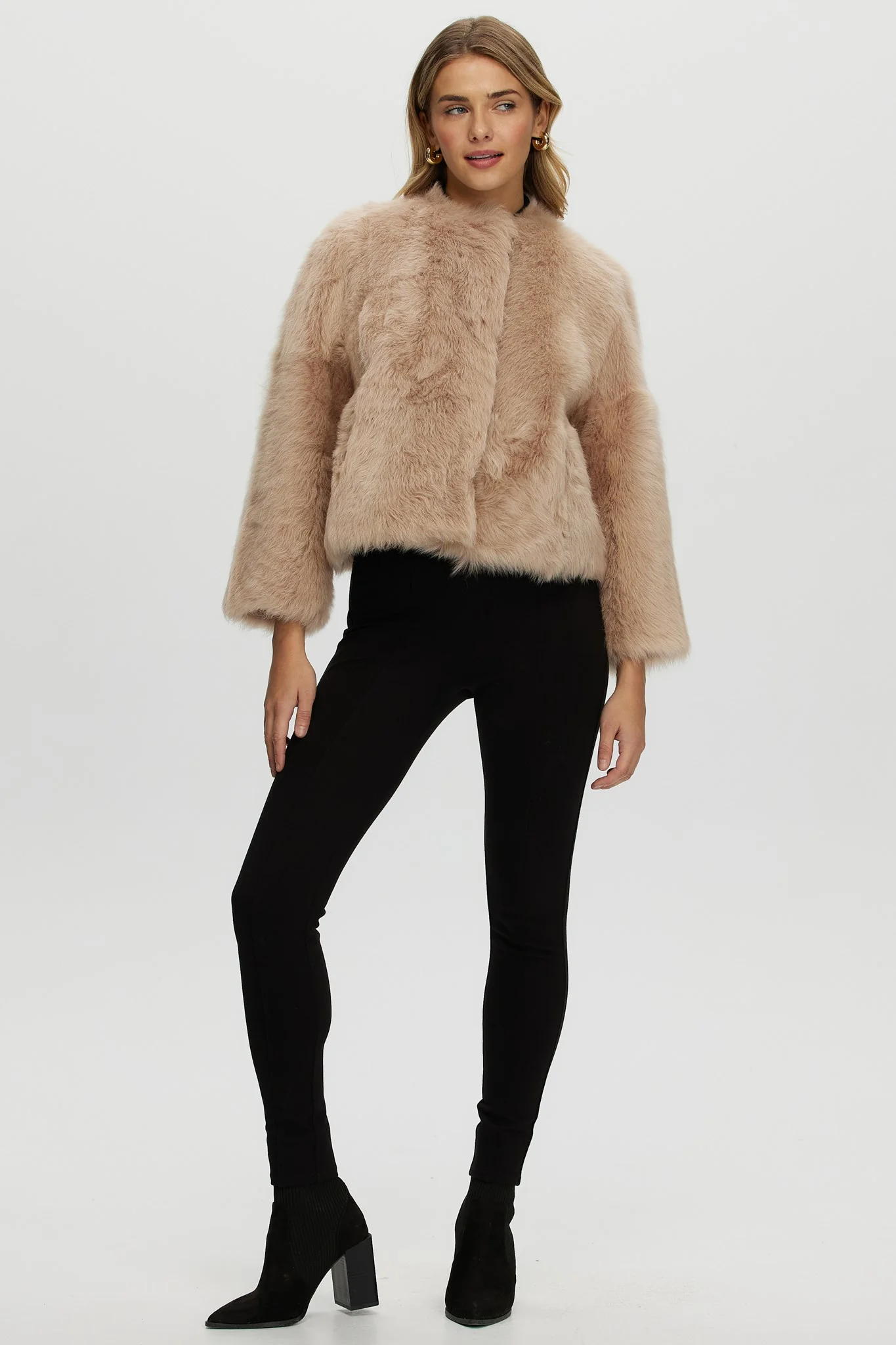 Reversible Collarless Toscana Shearling Lamb Jacket With 3/4 Sleeves - Image 3