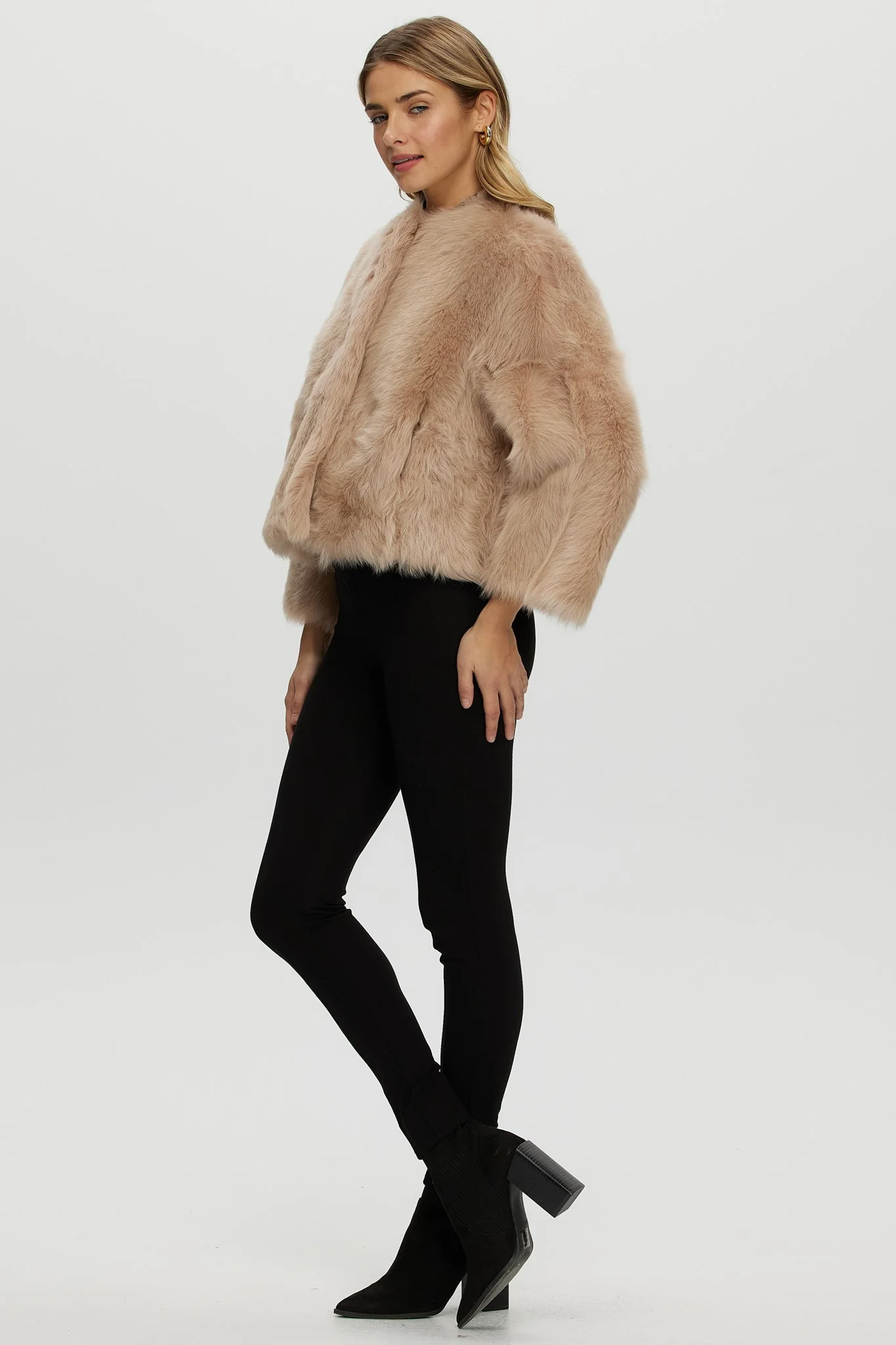 Reversible Collarless Toscana Shearling Lamb Jacket With 3/4 Sleeves - Image 6