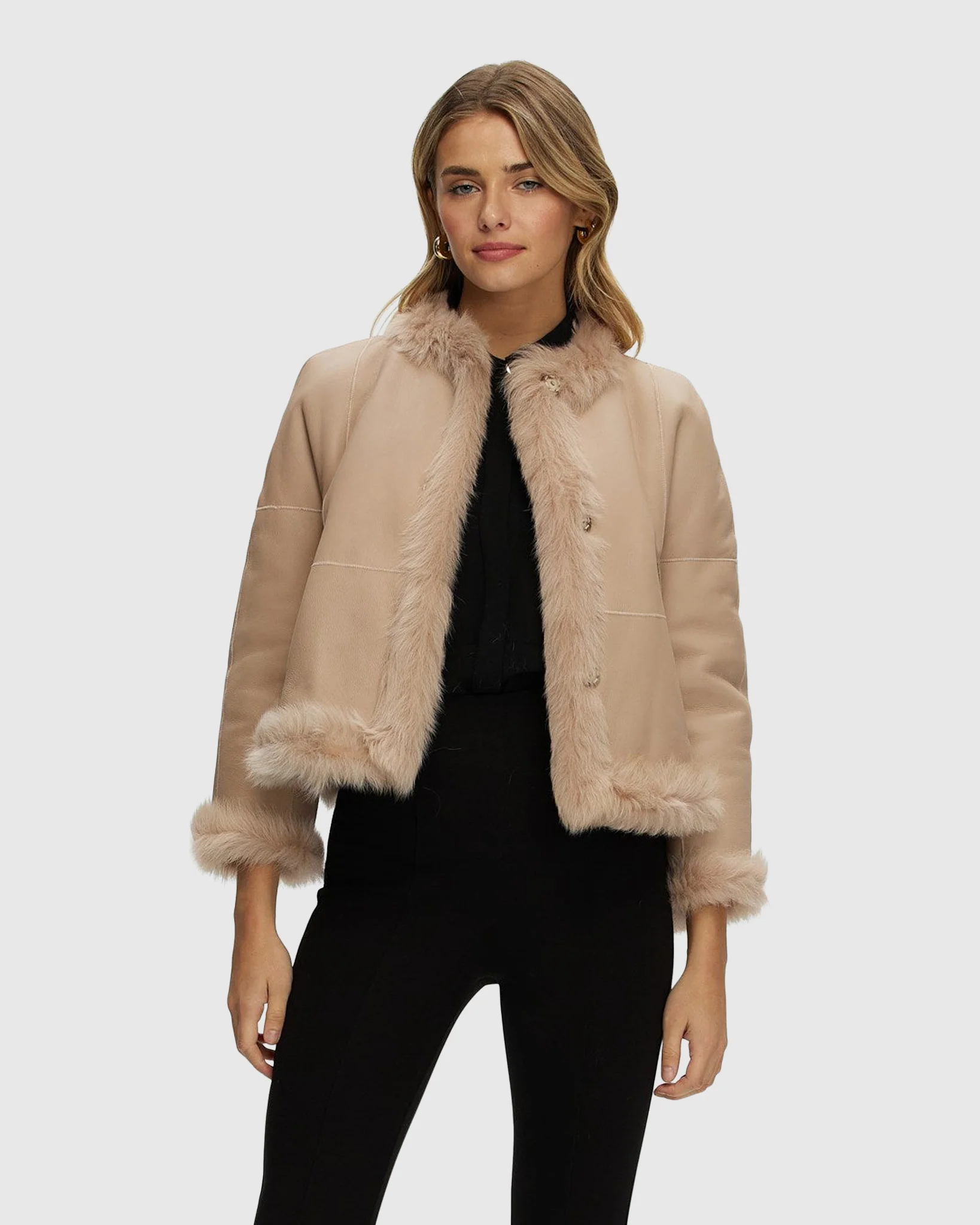 Reversible Collarless Toscana Shearling Lamb Jacket With 3/4 Sleeves - Image 11