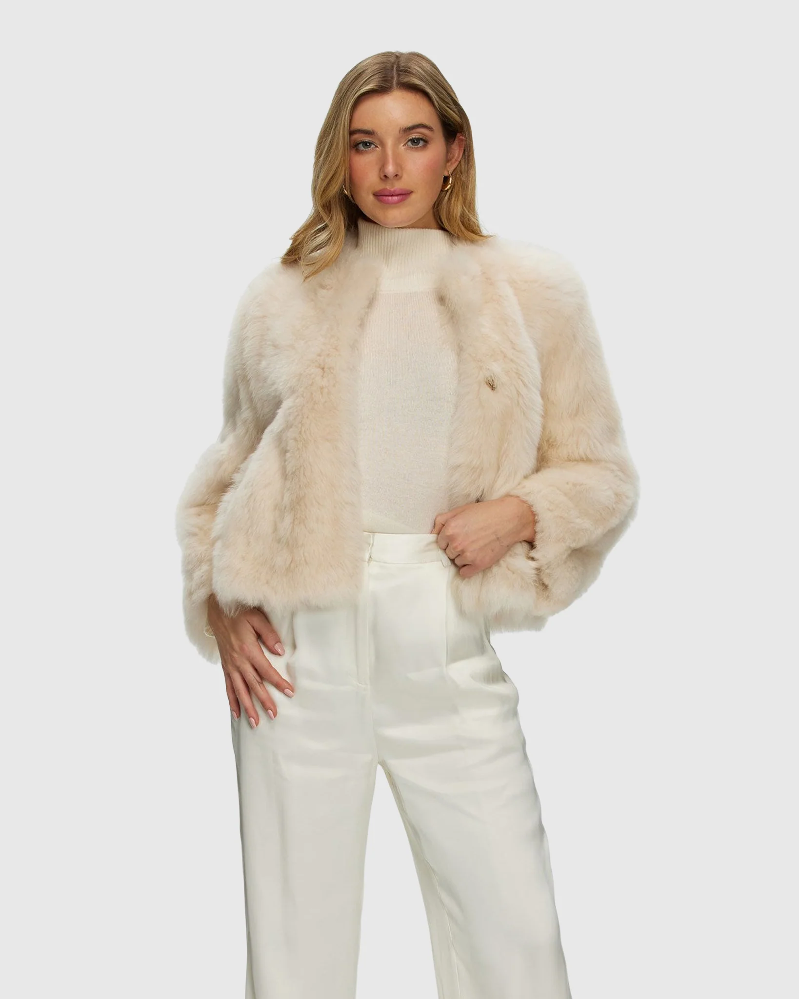 Reversible Collarless Toscana Shearling Lamb Jacket With 3/4 Sleeves - Image 6