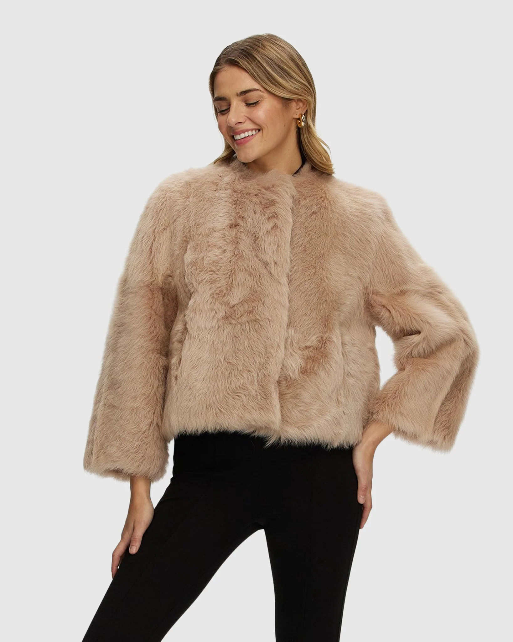 Reversible Collarless Toscana Shearling Lamb Jacket With 3/4 Sleeves - Image 9