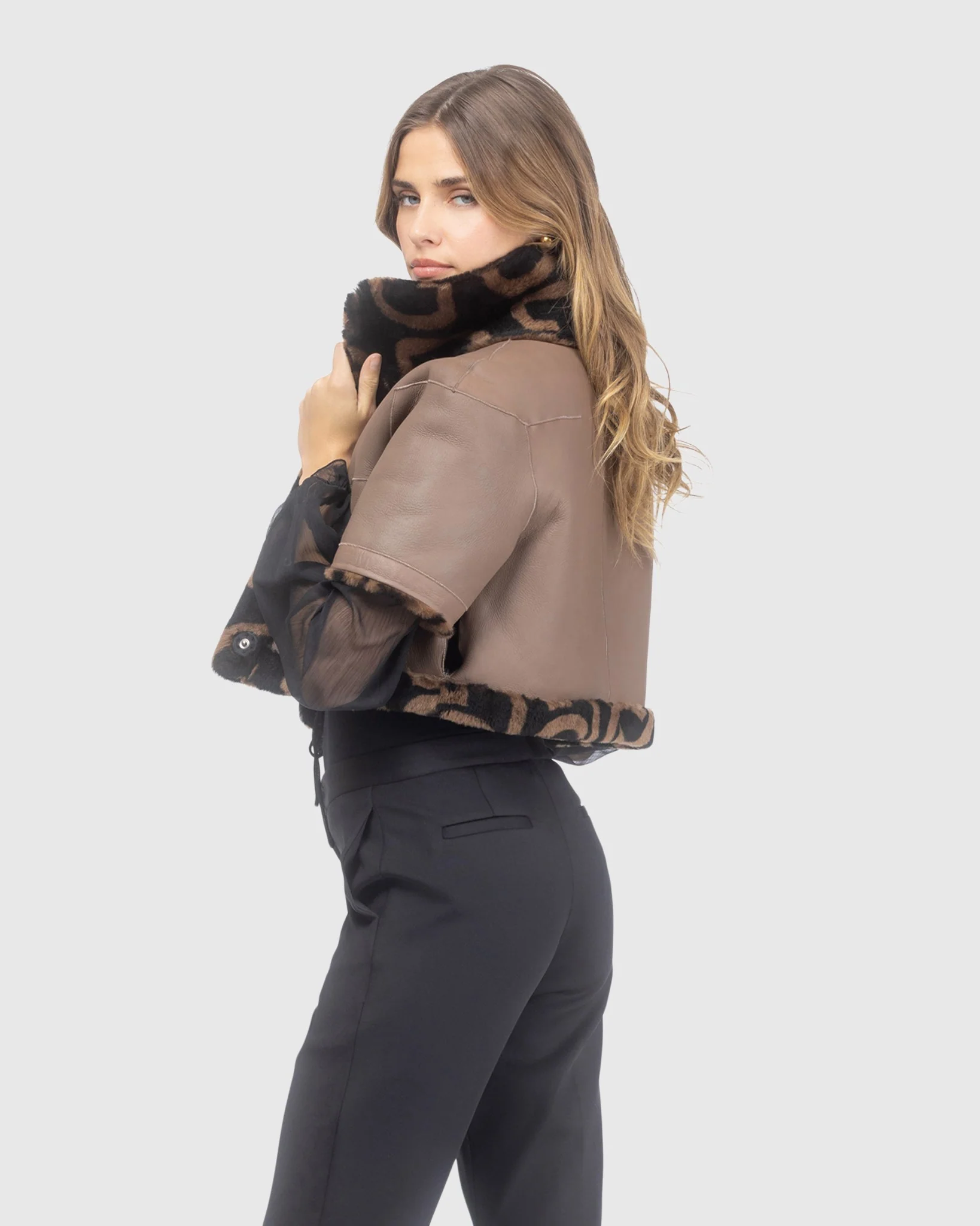 Reversible G Printed Merino Shearling Lamb Bolero With Cropped Sleeves - Image 7
