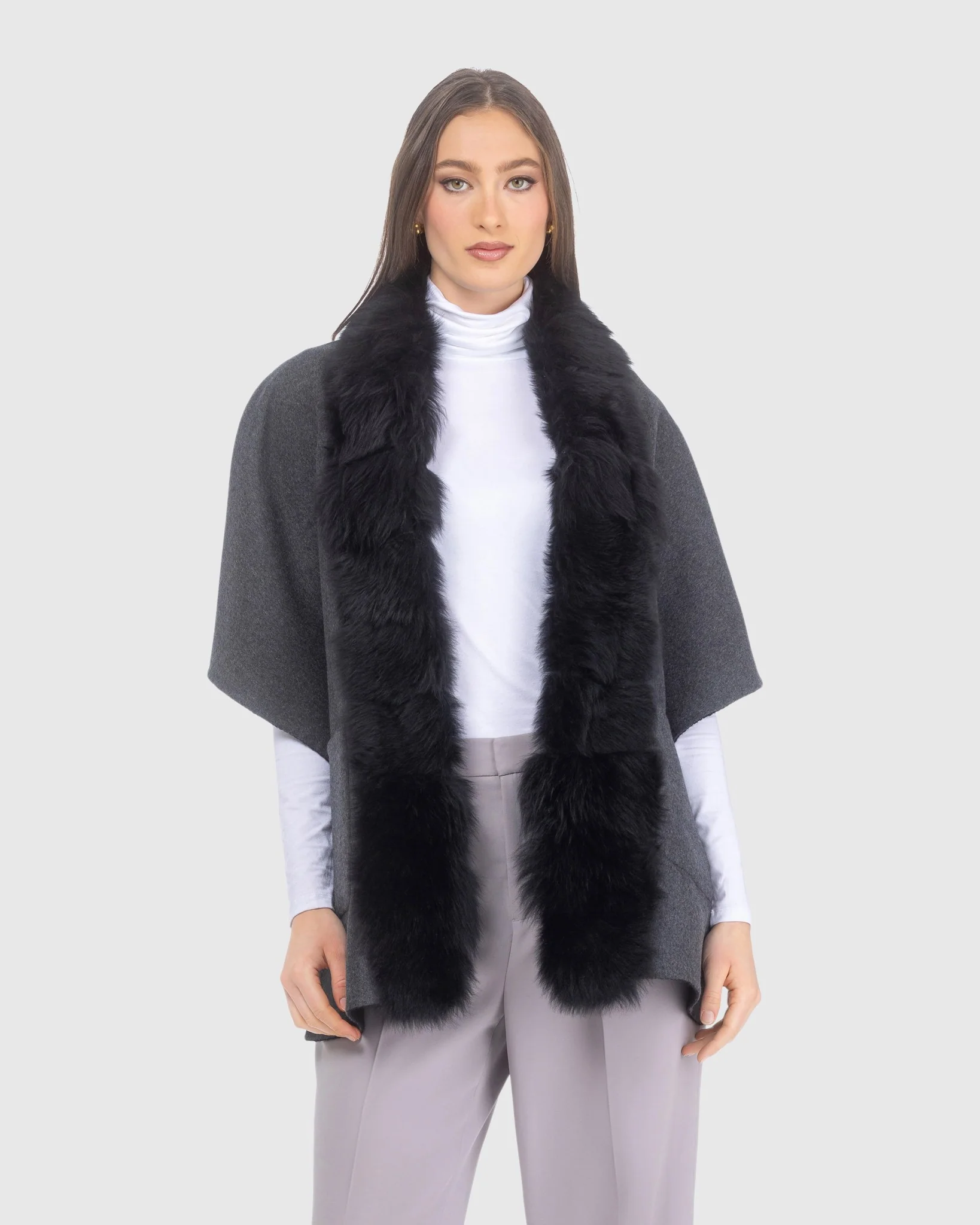 REVERSIBLE LORO PIANA CASHMERE & WOOL SHAWL WITH MERINILLO SHEARLING LAMB TRIM - Image 9