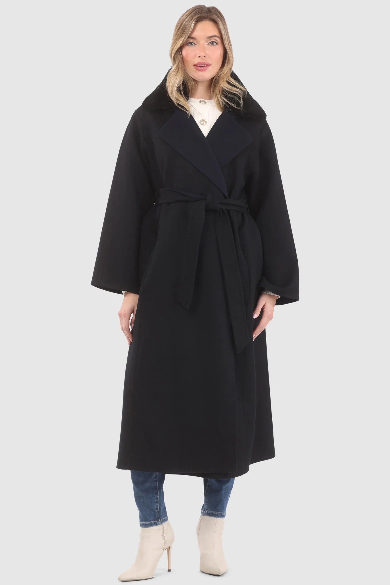 REVERSIBLE LORO PIANA WOOL COAT WITH DETACHABLE SELECT SHEARLING LAMB COLLAR, BELT