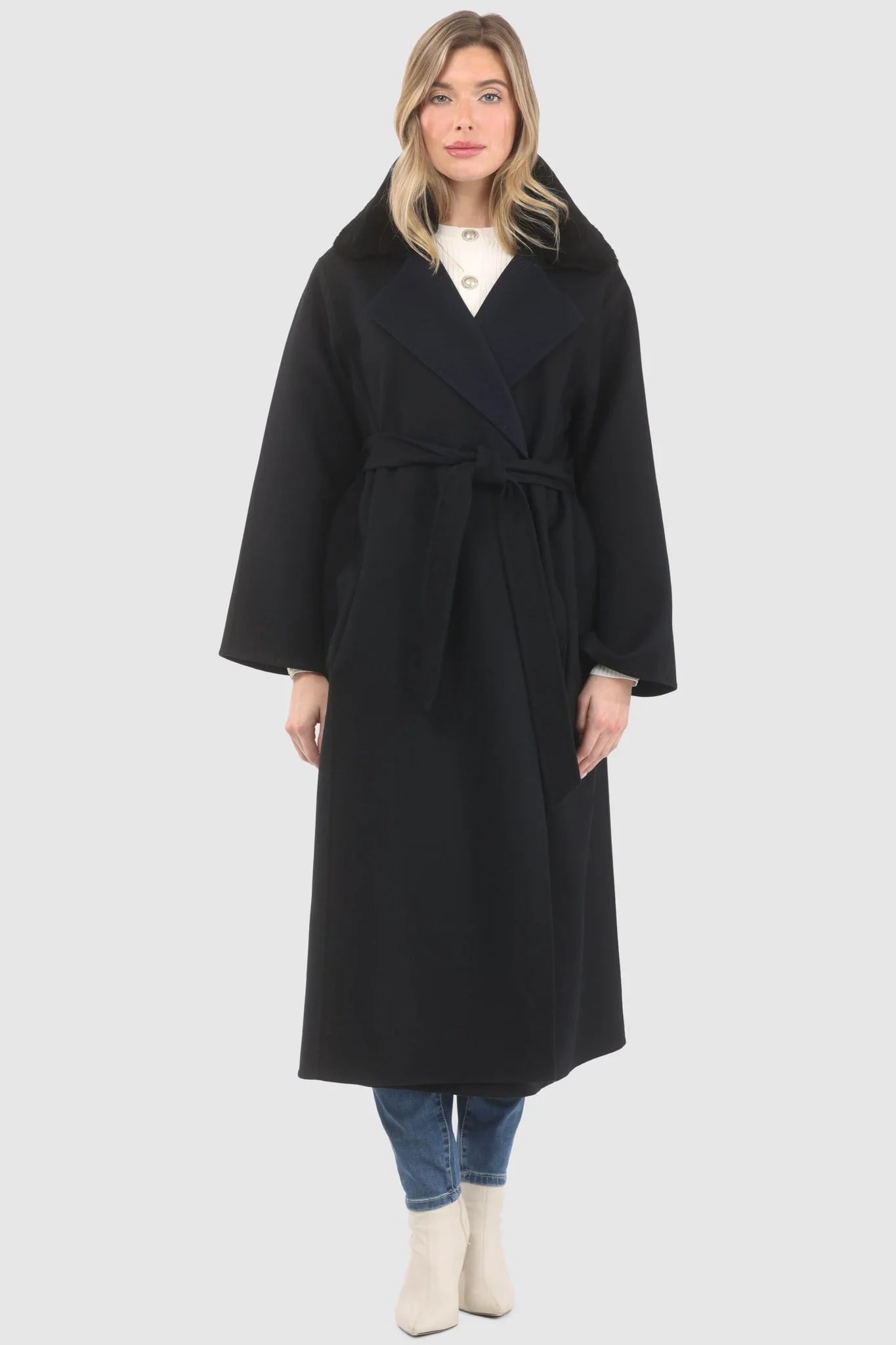 REVERSIBLE LORO PIANA WOOL COAT WITH DETACHABLE SELECT SHEARLING LAMB COLLAR, BELT - Image 2
