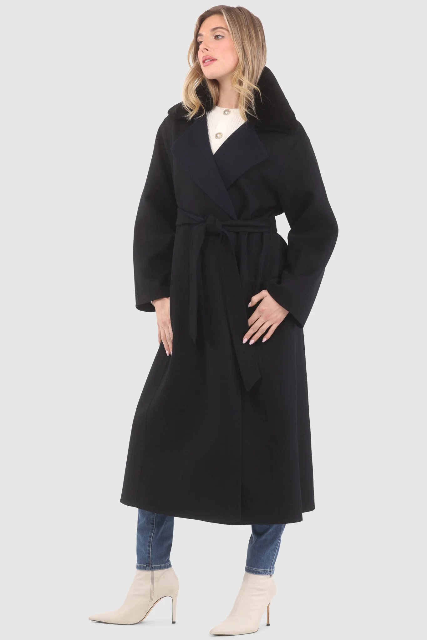 REVERSIBLE LORO PIANA WOOL COAT WITH DETACHABLE SELECT SHEARLING LAMB COLLAR, BELT - Image 3
