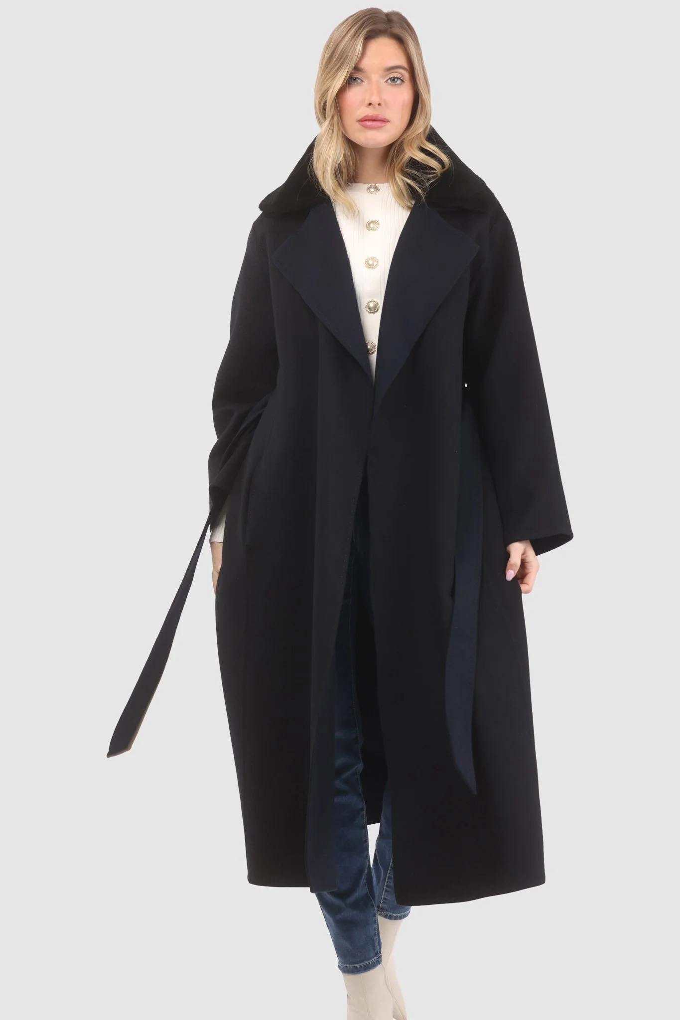 REVERSIBLE LORO PIANA WOOL COAT WITH DETACHABLE SELECT SHEARLING LAMB COLLAR, BELT - Image 6