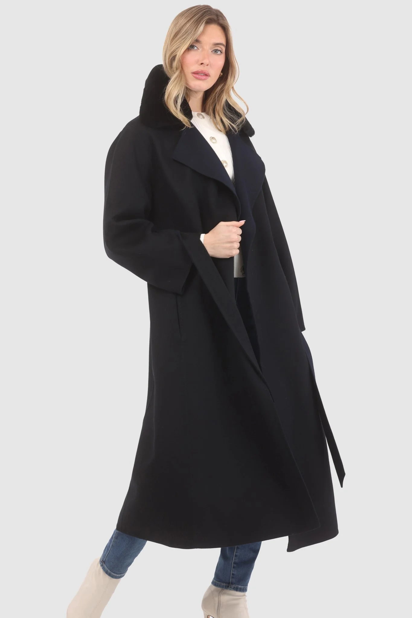 REVERSIBLE LORO PIANA WOOL COAT WITH DETACHABLE SELECT SHEARLING LAMB COLLAR, BELT - Image 7