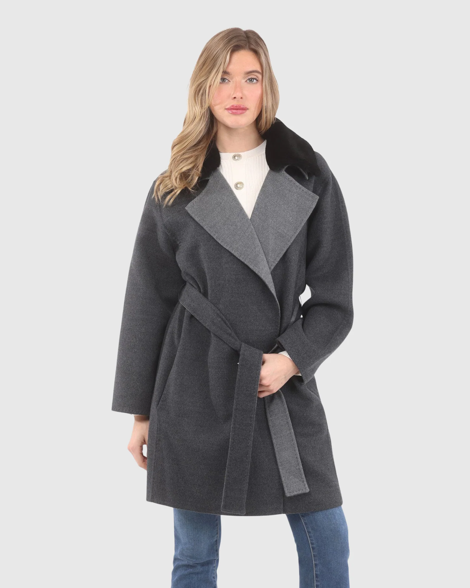 REVERSIBLE LORO PIANA WOOL STROLLER WITH DETACHABLE SELECT SHEARLING LAMB COLLAR, BELT - Image 5