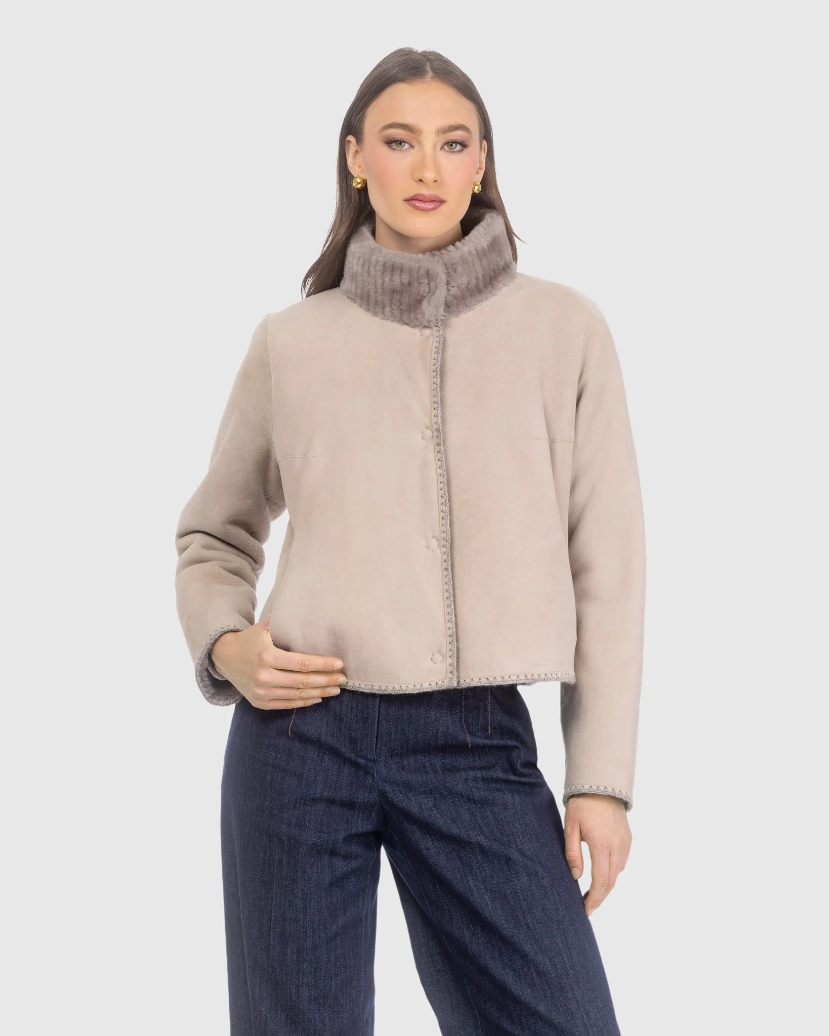 Reversible Merino Grooved Shearling Lamb Jacket With Embroidered Trim