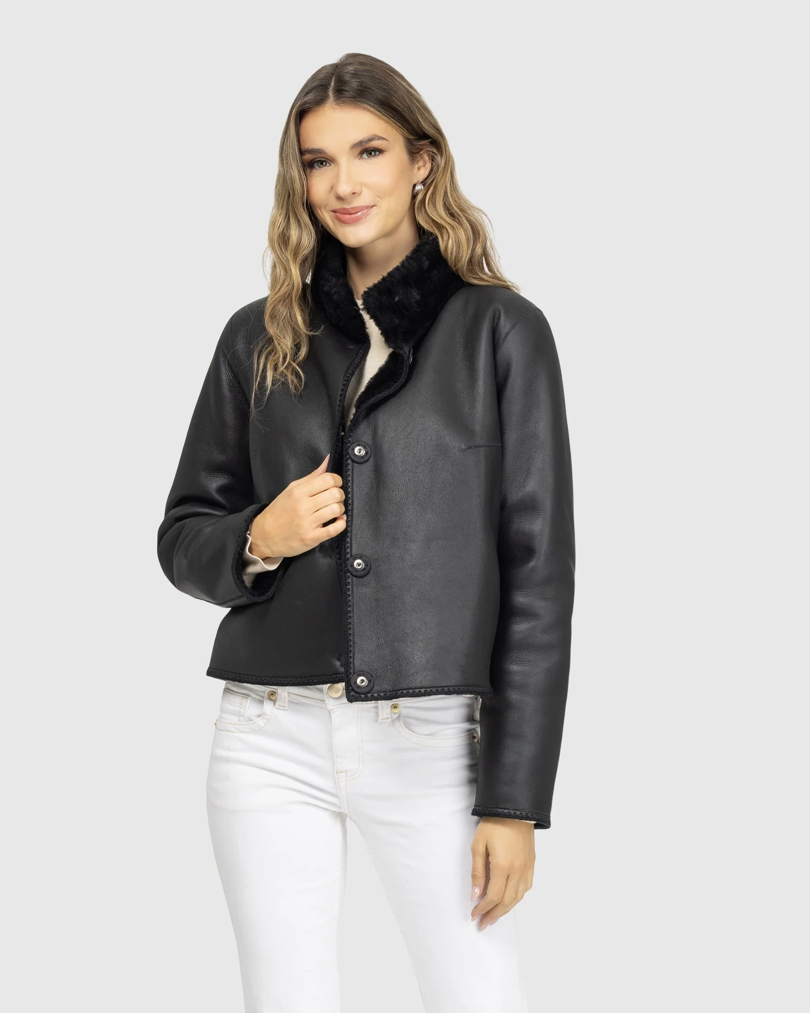 Reversible Merino Grooved Shearling Lamb Jacket With Embroidered Trim - Image 9
