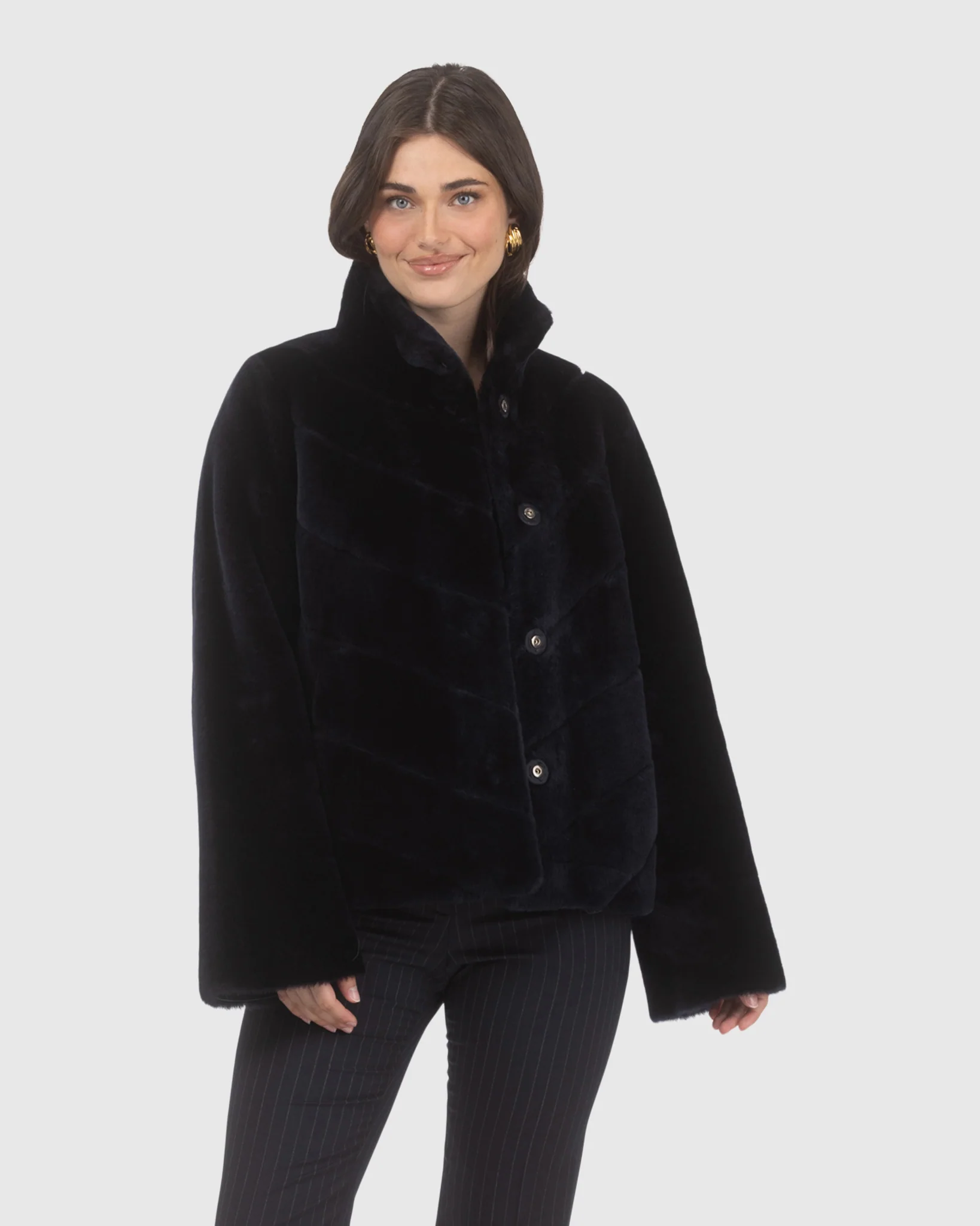 Reversible Merino Shearling Lamb Chevron Jacket With Horizontal Bottom - Image 12