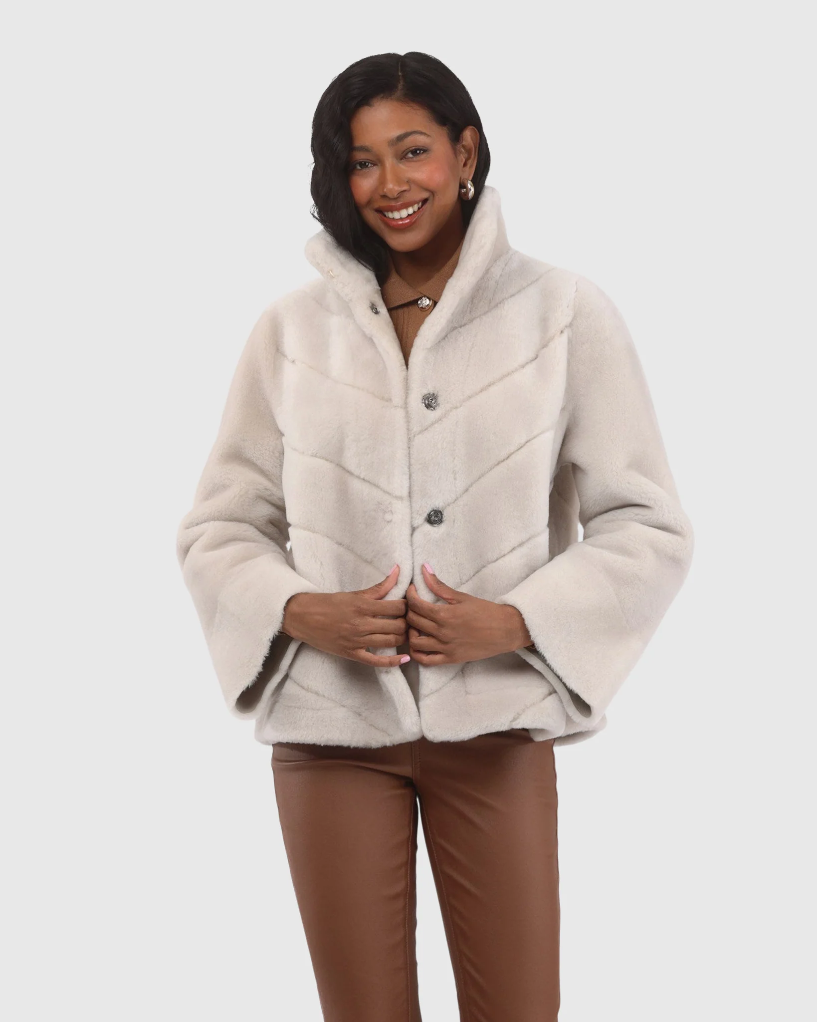 Reversible Merino Shearling Lamb Chevron Jacket With Horizontal Bottom - Image 15