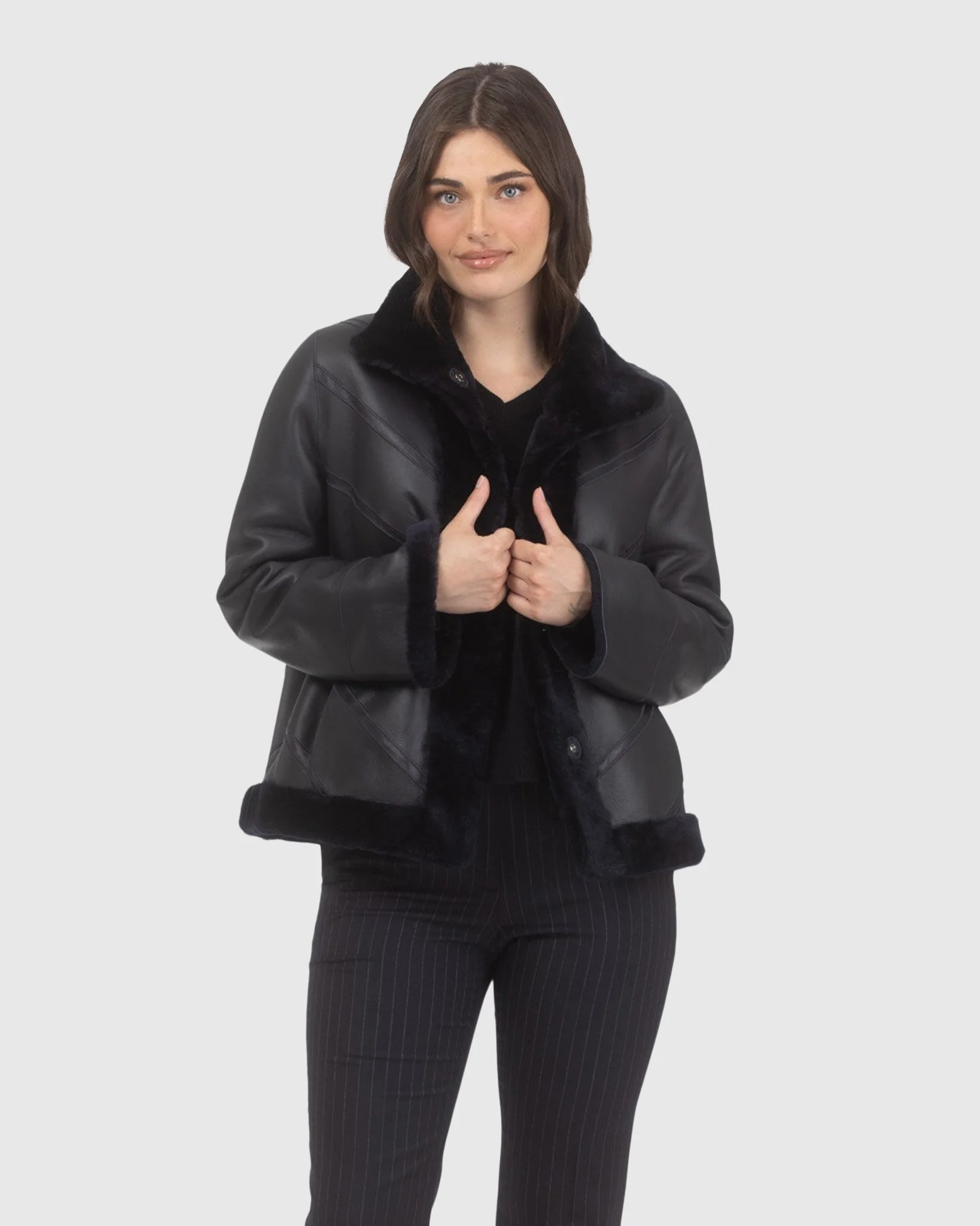 Reversible Merino Shearling Lamb Chevron Jacket With Horizontal Bottom - Image 23