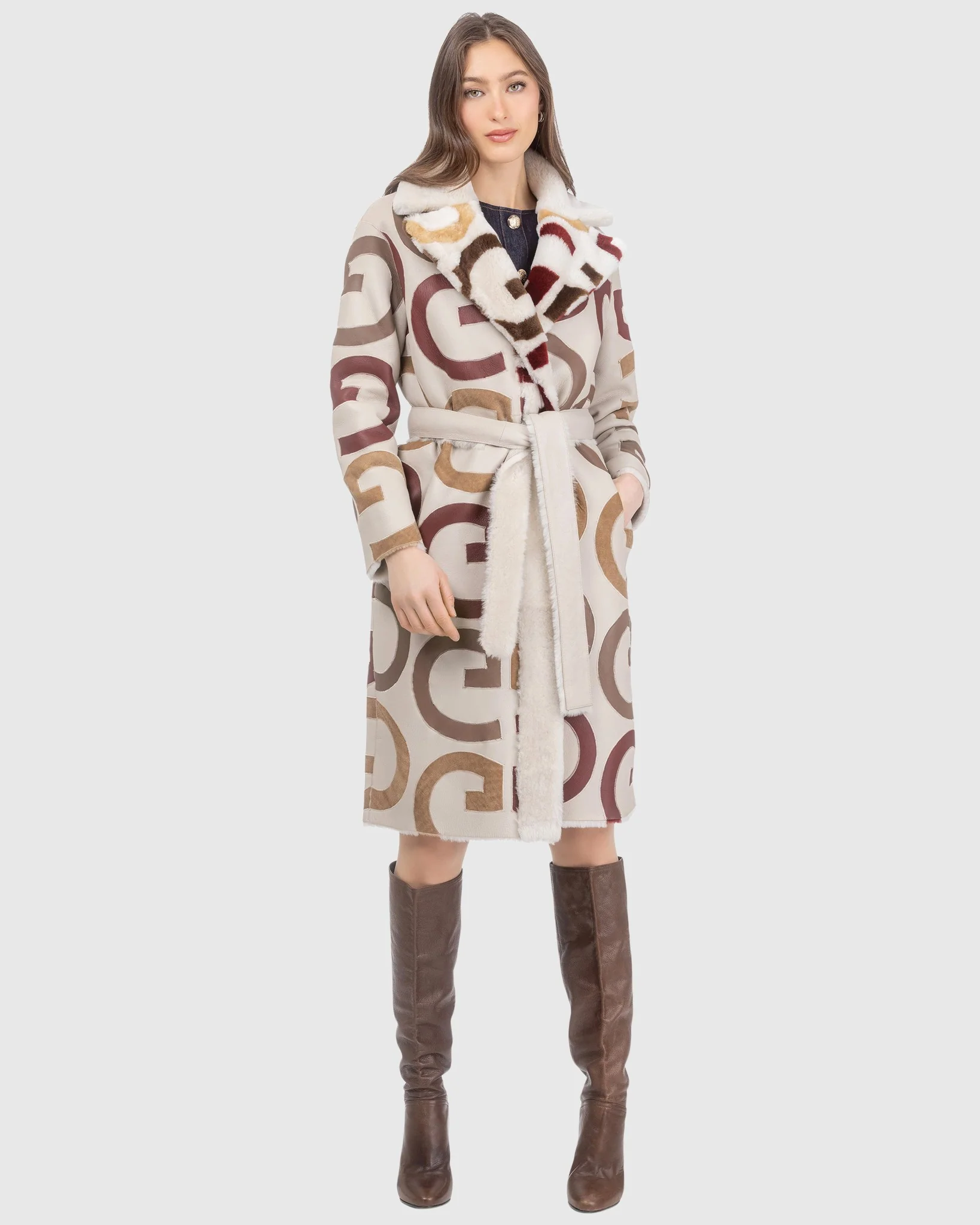 Reversible Merino Shearling Lamb G Intarsia Short Coat, Belt - Image 6