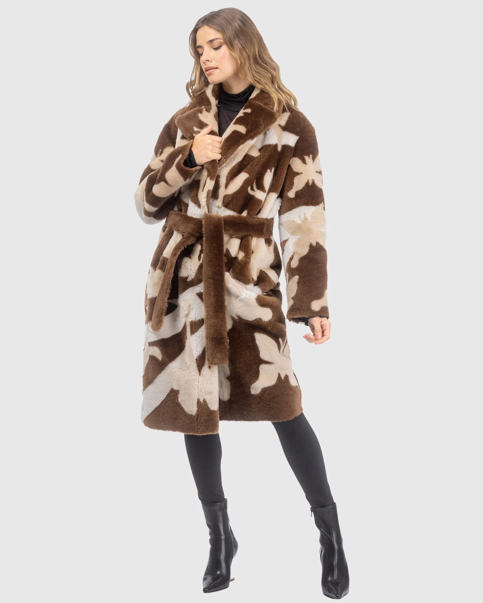 Reversible Merino Shearling Lamb Short Coat With Butterfly Intarsia, Belt - Image 2