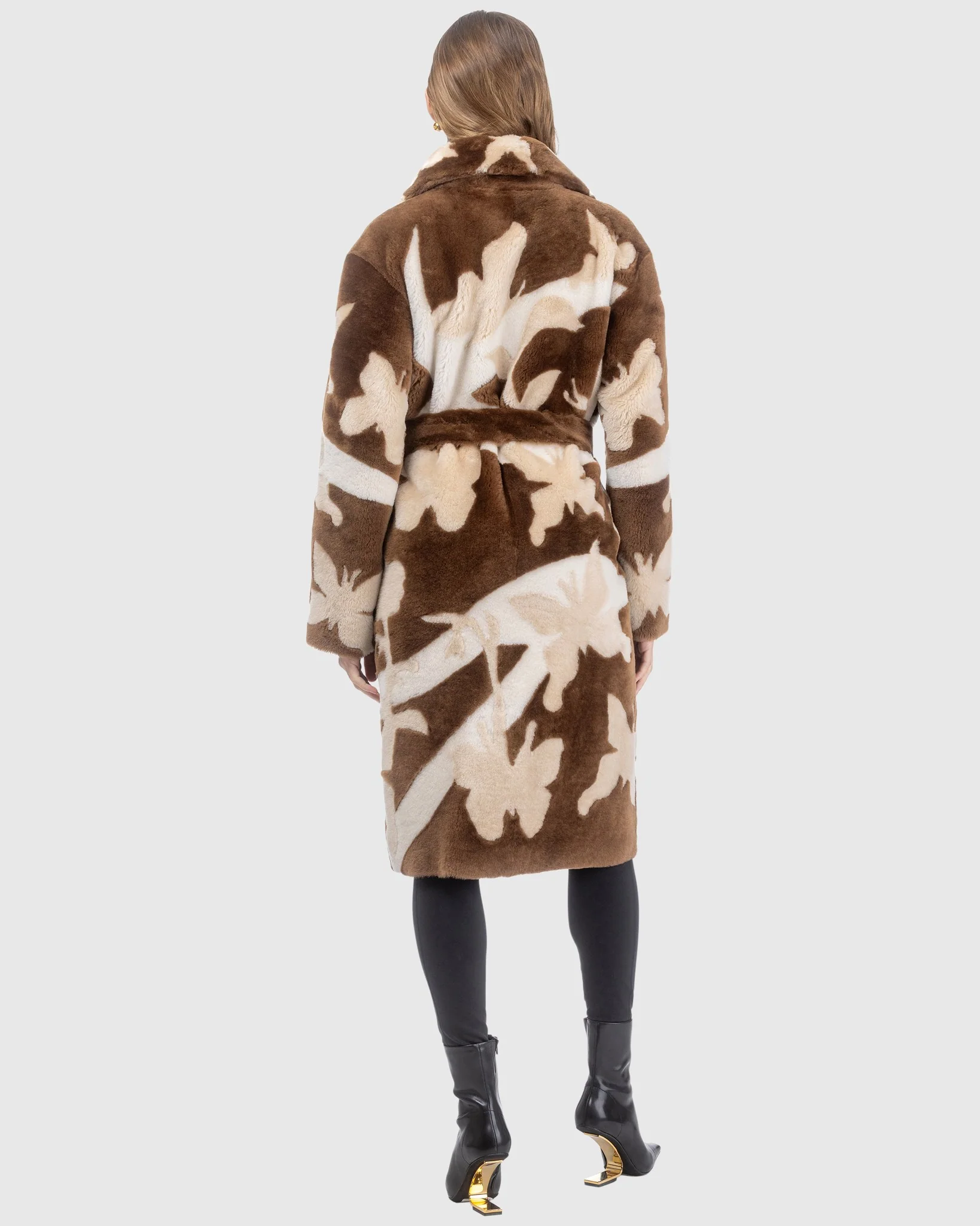 Reversible Merino Shearling Lamb Short Coat With Butterfly Intarsia, Belt - Image 4