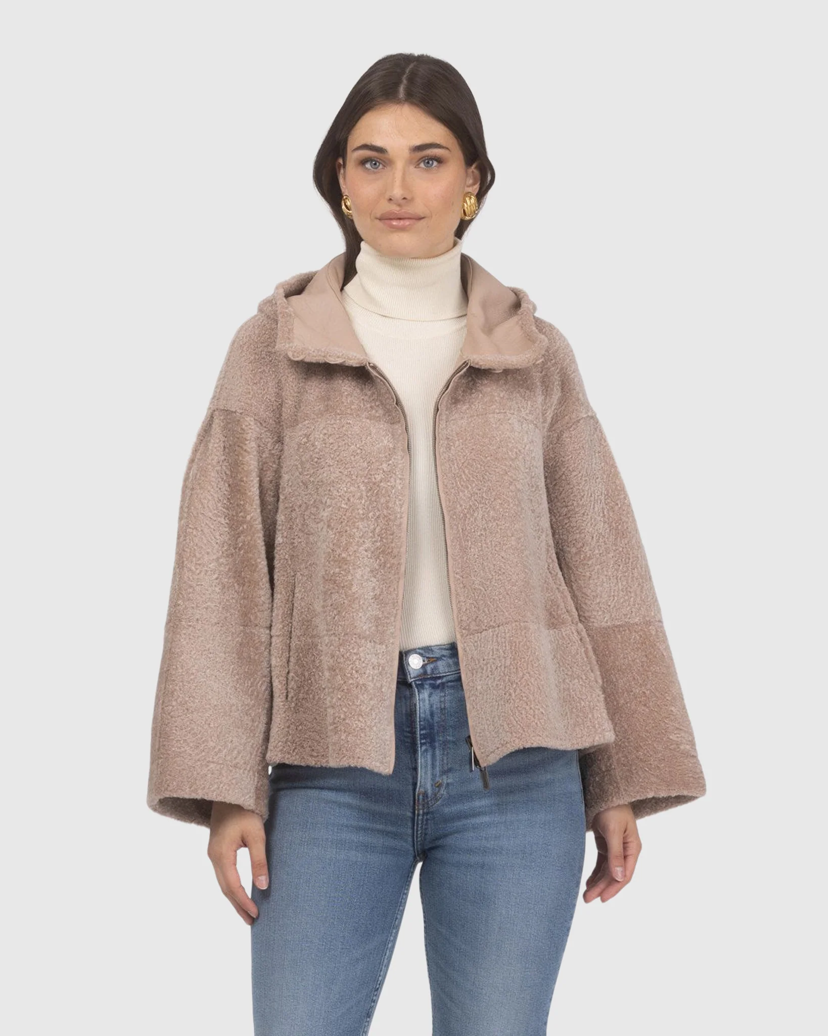 Reversible New Zealand Shearling Lamb Zip Jacket, Hood