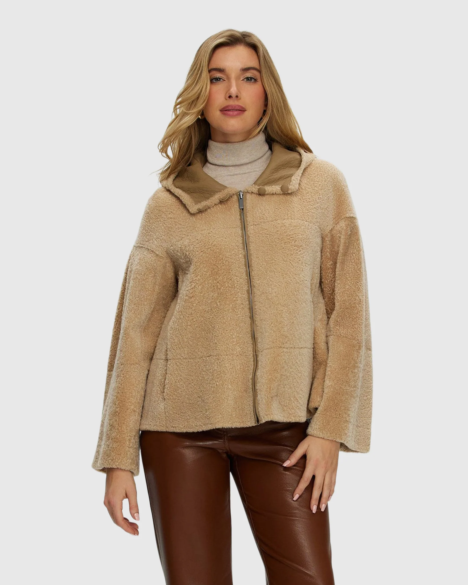 Reversible New Zealand Shearling Lamb Zip Jacket, Hood - Image 17