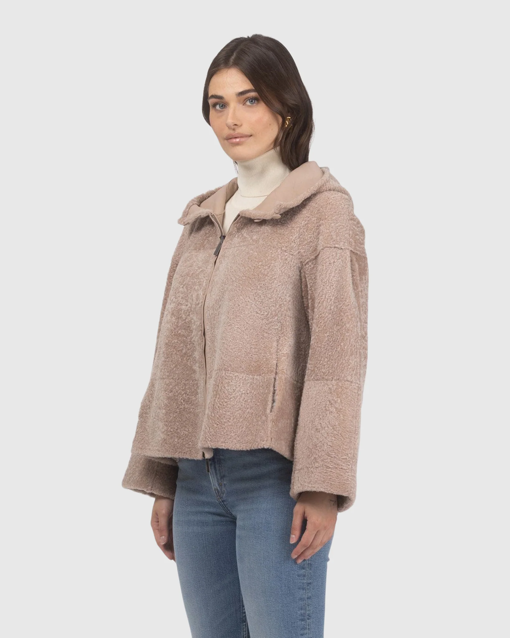 Reversible New Zealand Shearling Lamb Zip Jacket, Hood - Image 6