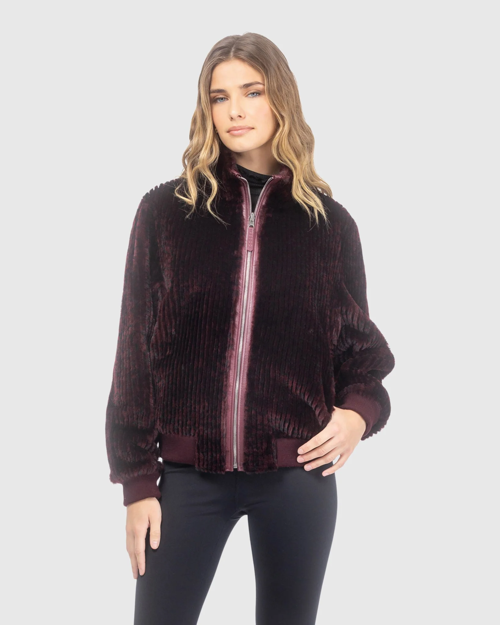 Reversible Select Grooved Shearling Lamb Insignia Bomber Jacket