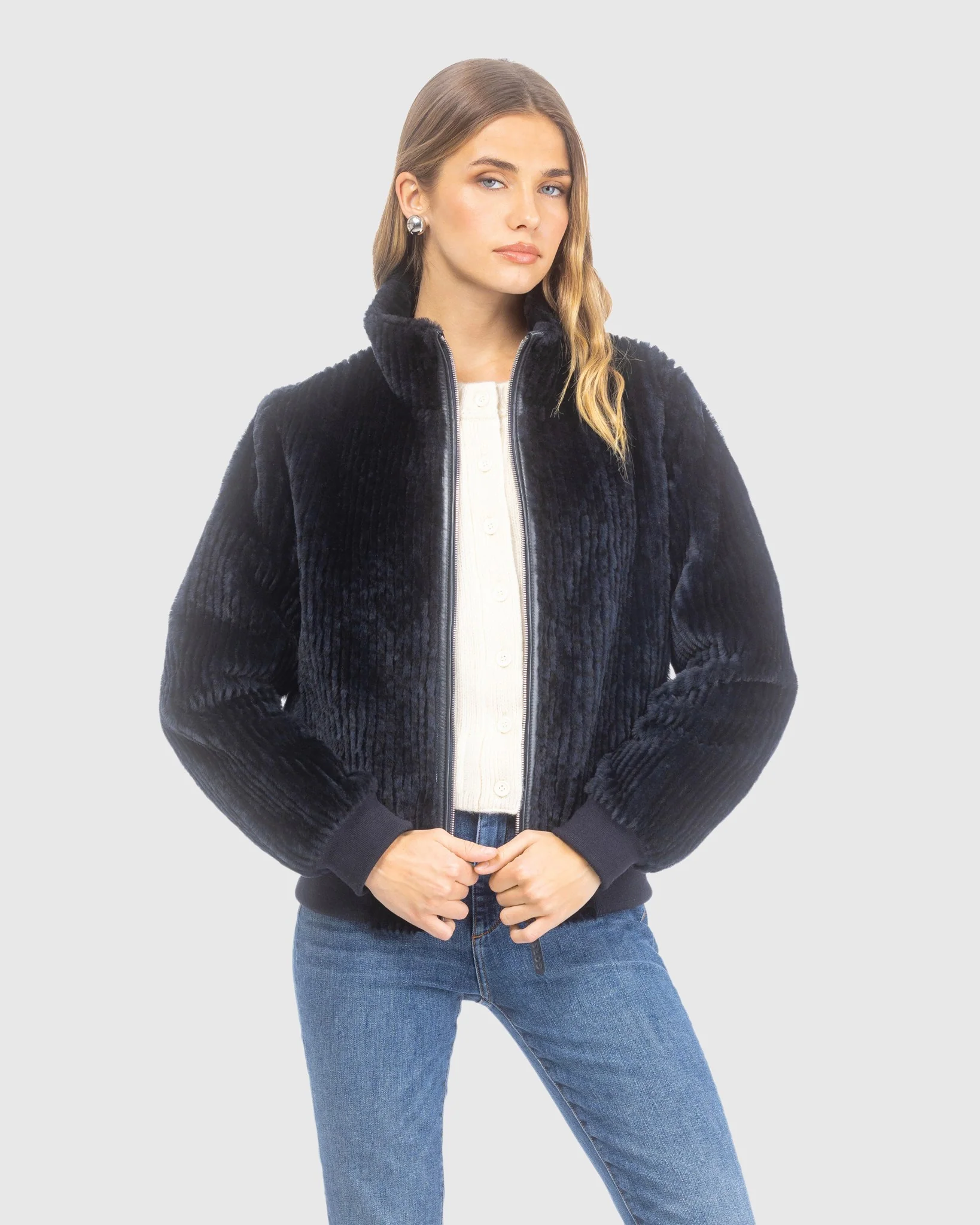 Reversible Select Grooved Shearling Lamb Insignia Bomber Jacket - Image 12