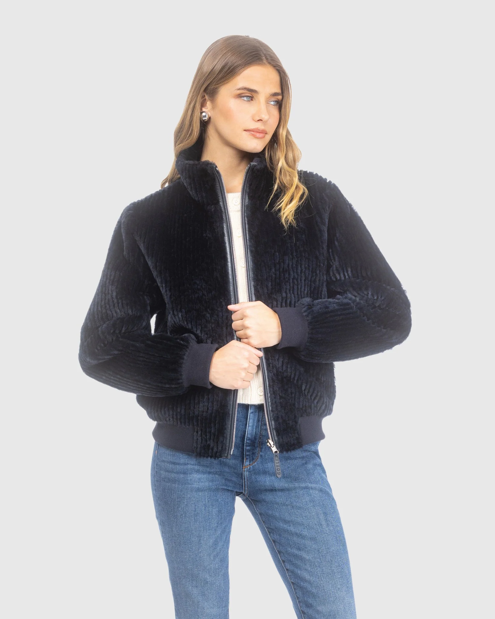 Reversible Select Grooved Shearling Lamb Insignia Bomber Jacket - Image 13