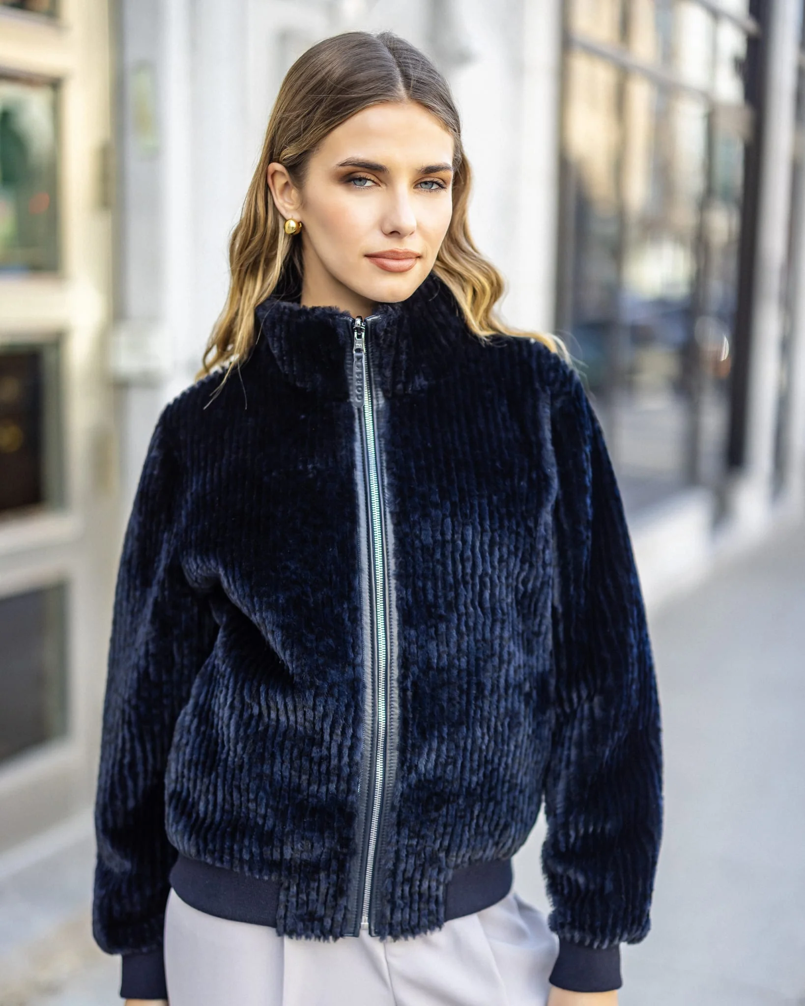 Reversible Select Grooved Shearling Lamb Insignia Bomber Jacket - Image 17