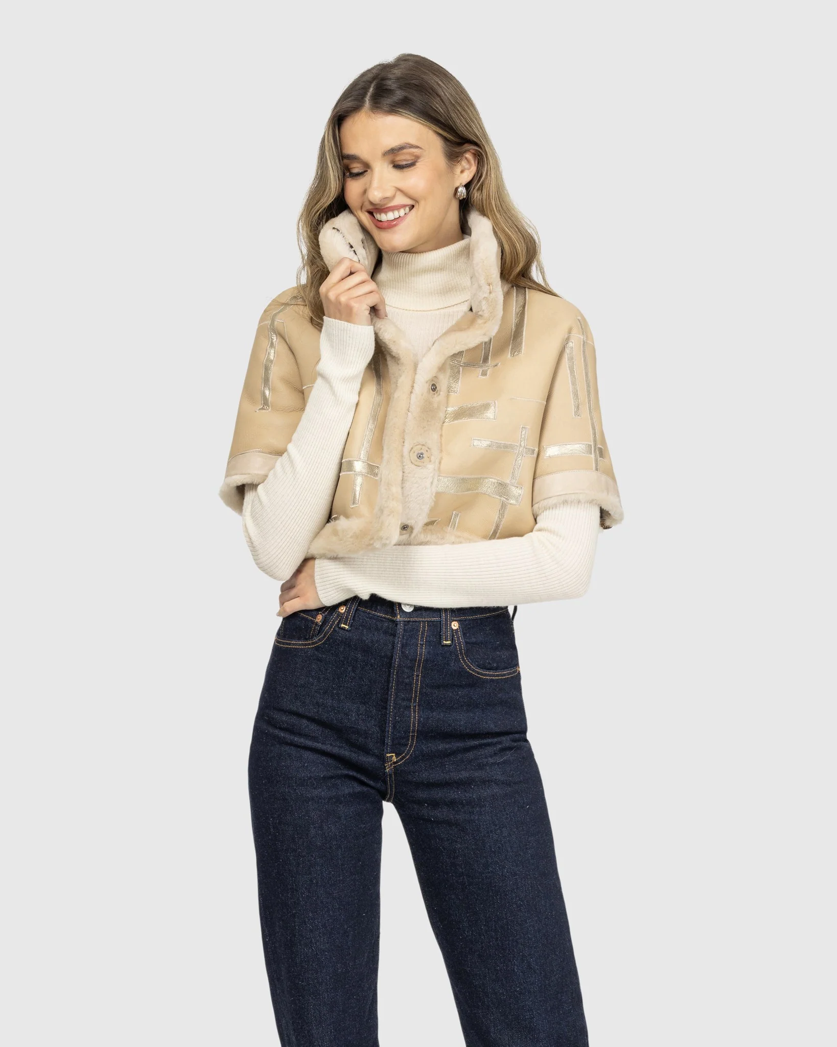 Reversible Select Shearling Lamb Bolero With Cropped Sleeves - Image 6