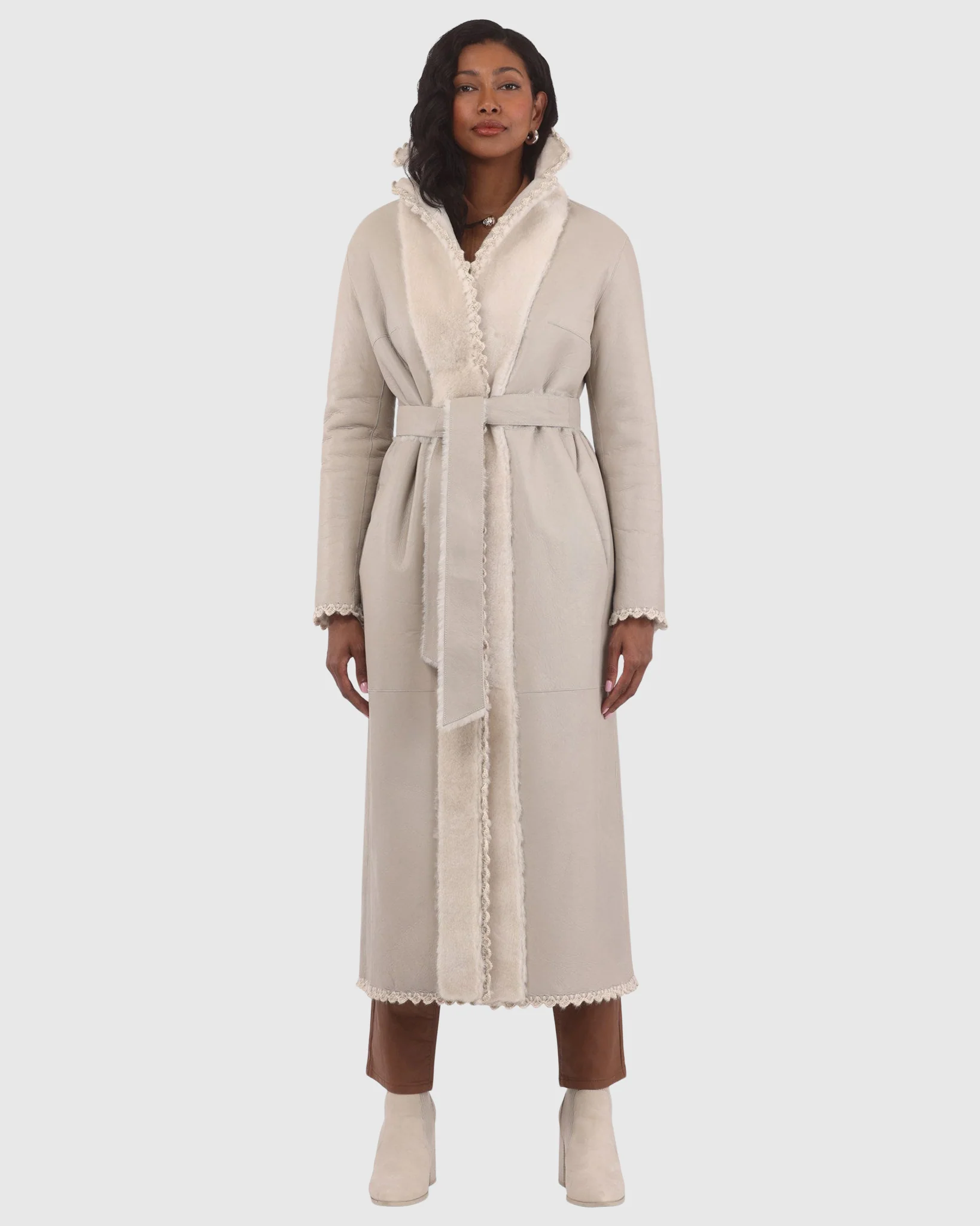Reversible Select Shearling Lamb Coat With Embroiderd Trim, Belt - Image 11