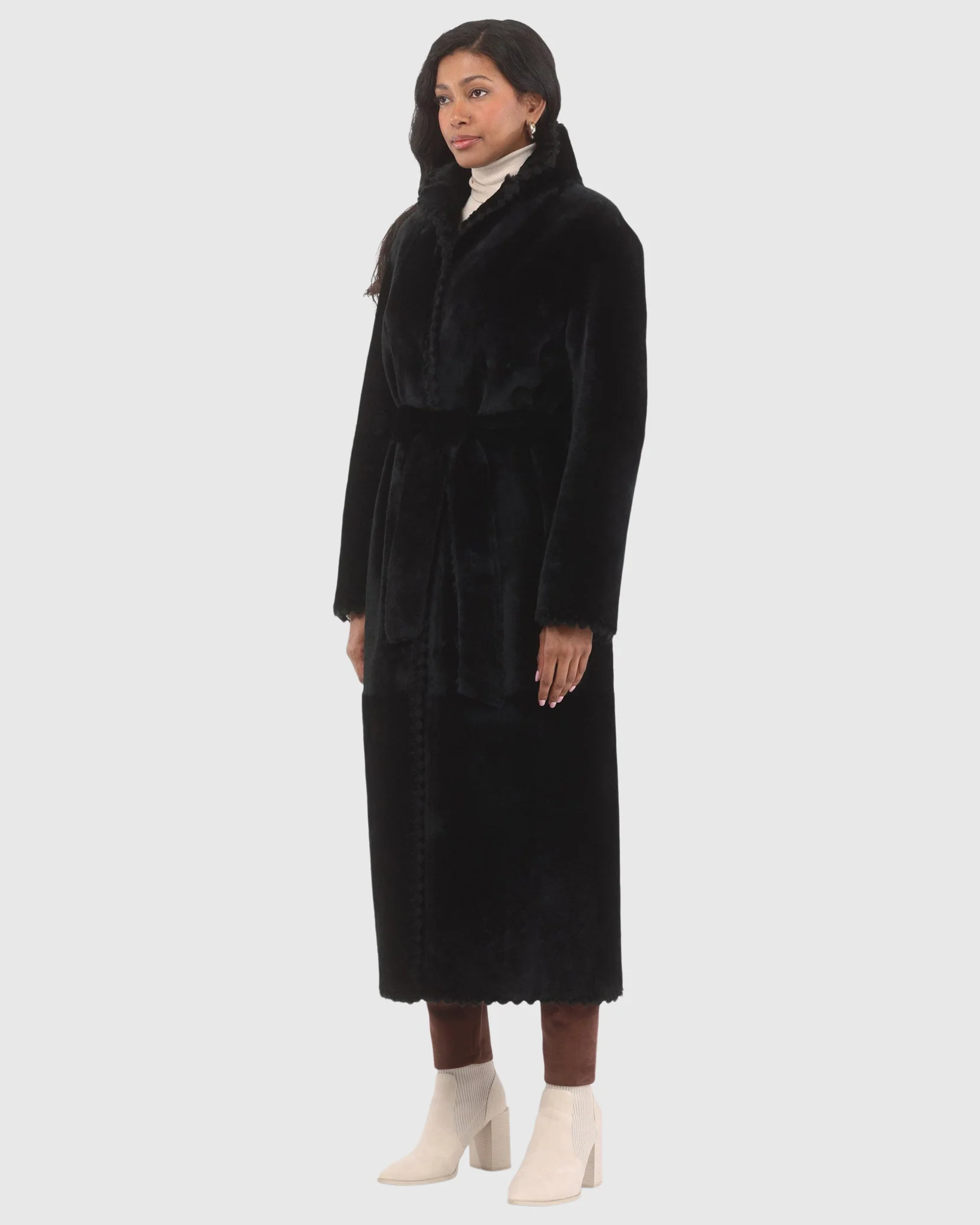 Reversible Select Shearling Lamb Coat With Embroiderd Trim, Belt - Image 3