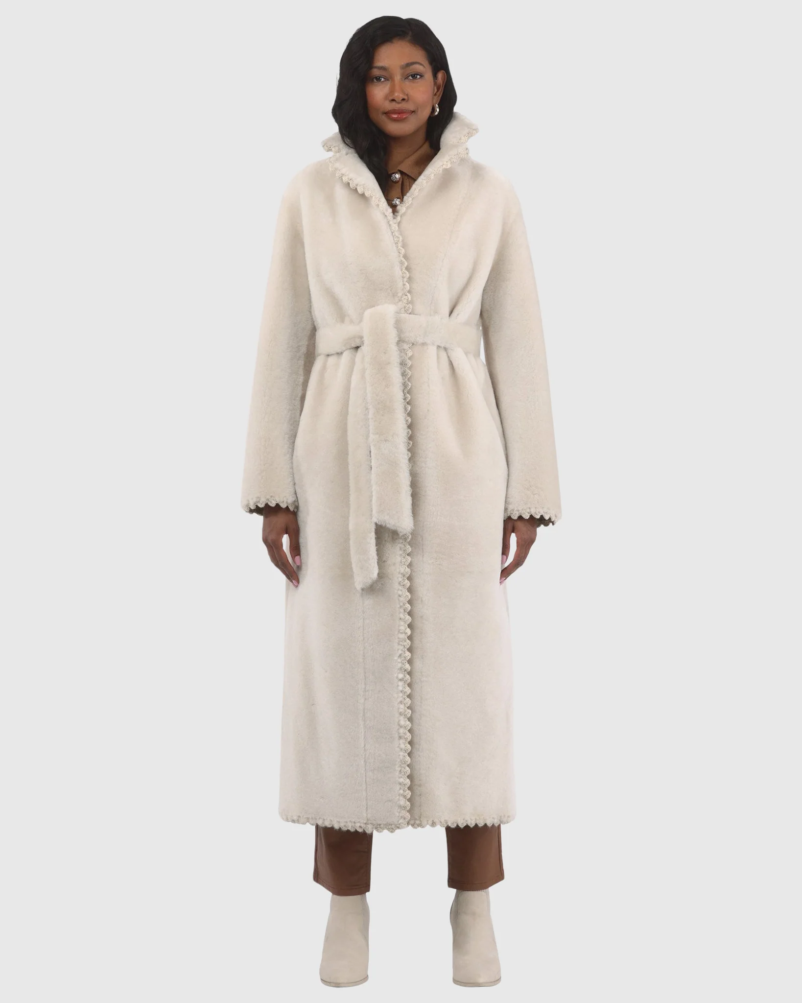 Reversible Select Shearling Lamb Coat With Embroiderd Trim, Belt - Image 7