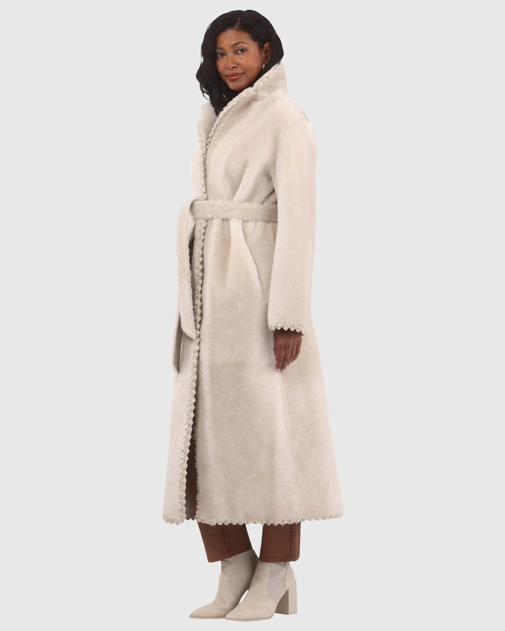 Reversible Select Shearling Lamb Coat With Embroiderd Trim, Belt - Image 8