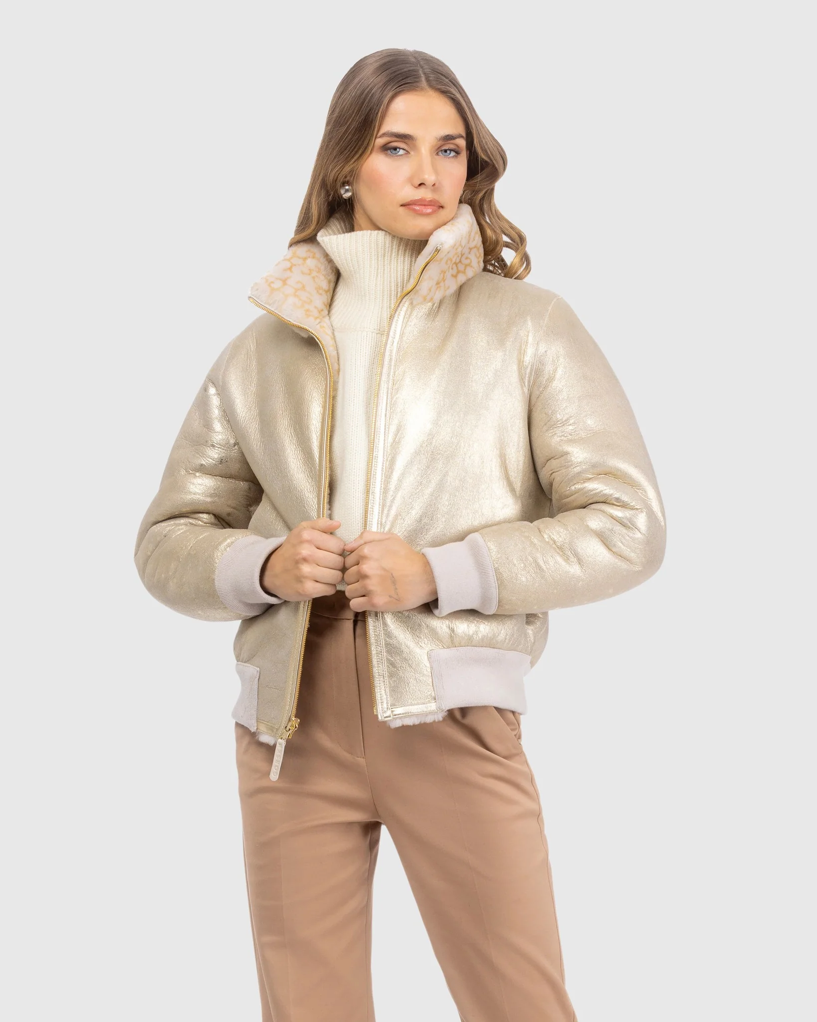 Reversible Select Shearling Lamb Insignia Bomber Jacket - Image 17