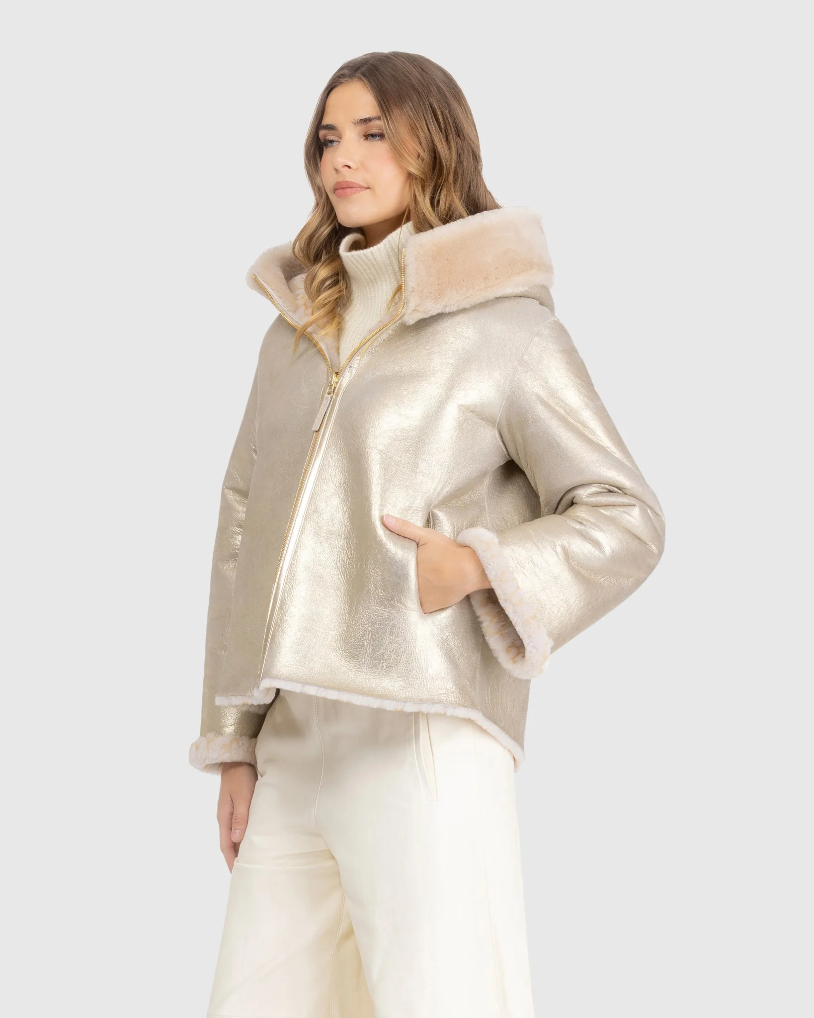 Reversible Select Shearling Lamb Insignia Jacket, Hood - Image 5