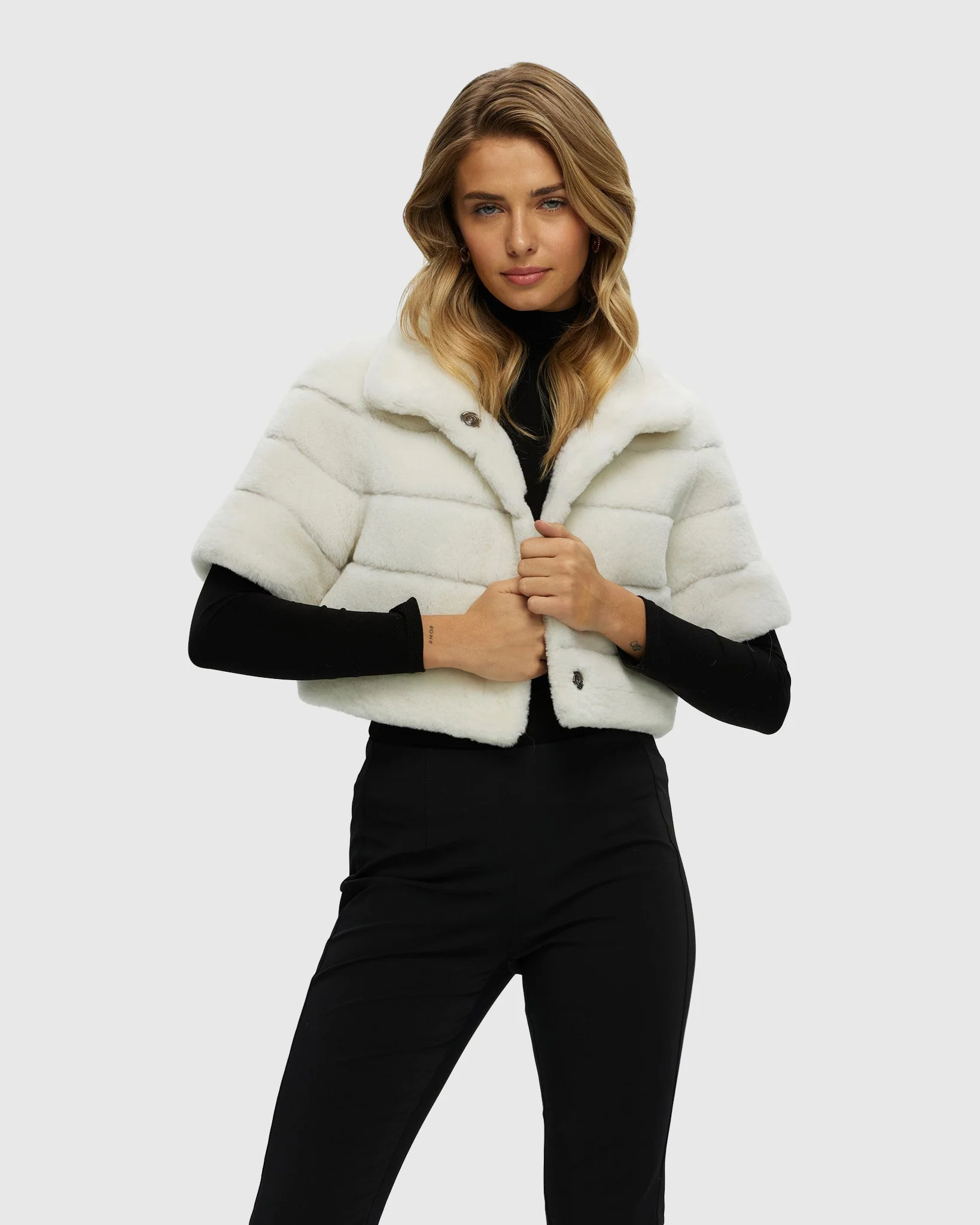 Reversible Shearling Lamb Bolero With Cropped Sleeves - Image 10