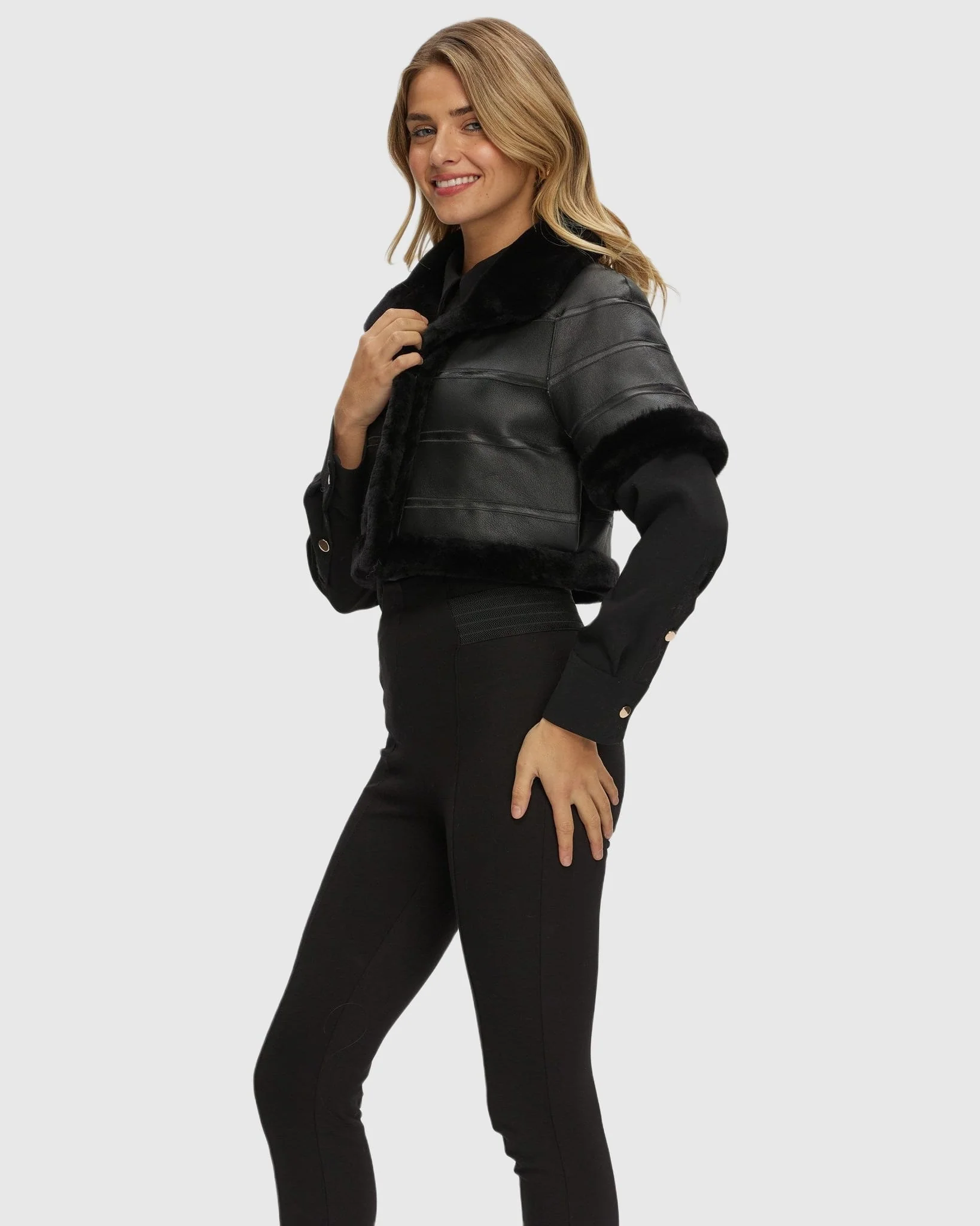 Reversible Shearling Lamb Bolero With Cropped Sleeves - Image 42
