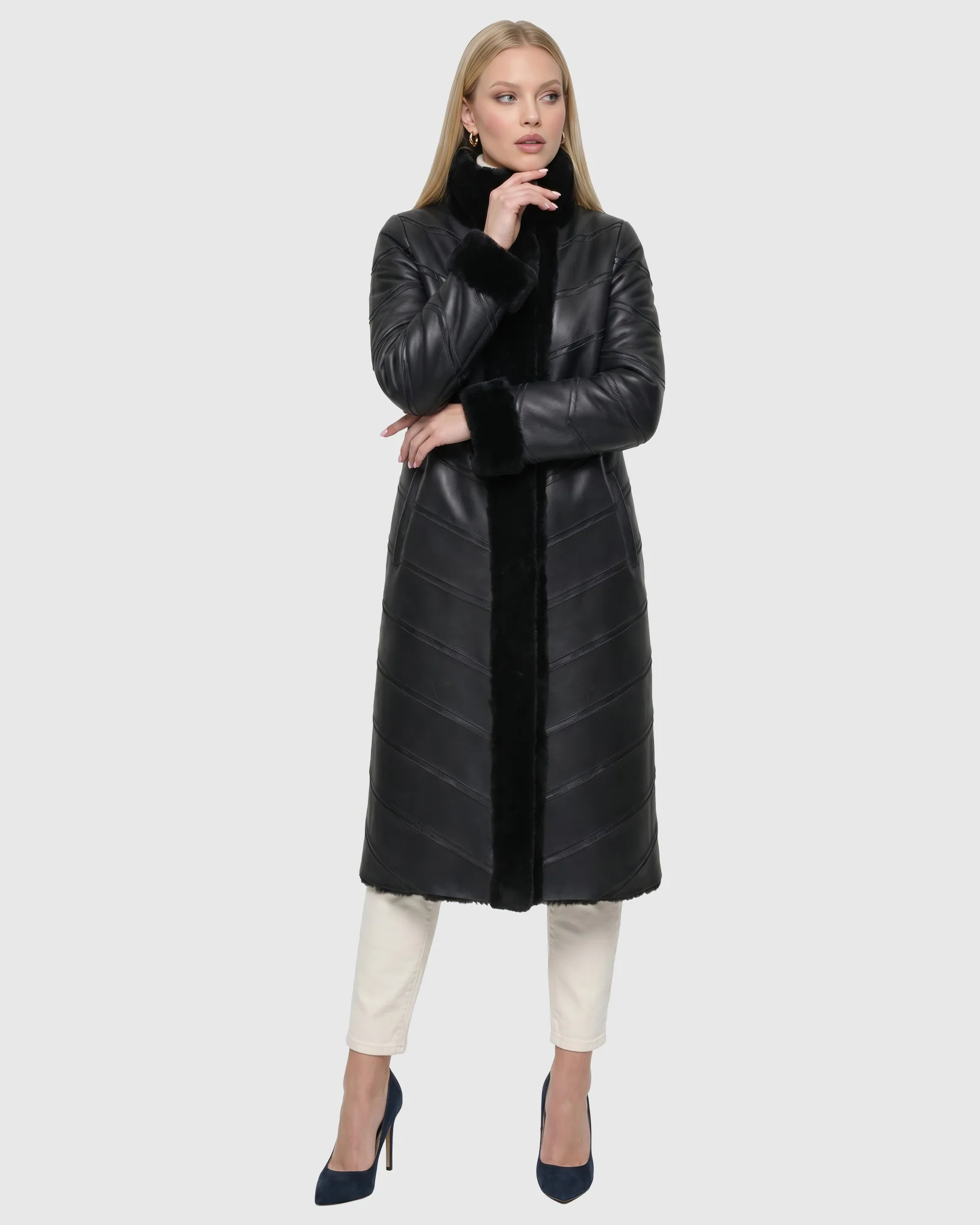 Reversible Merino Shearling Lamb Chevron Short Coat - Image 22