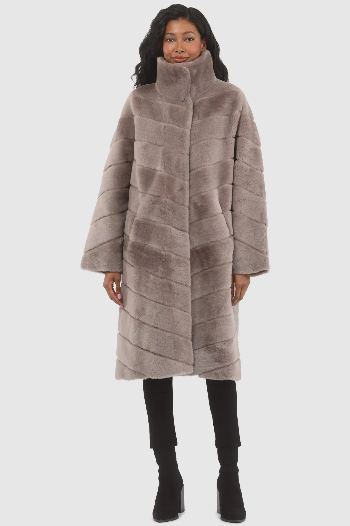Reversible Merino Shearling Lamb Chevron Short Coat - Image 37