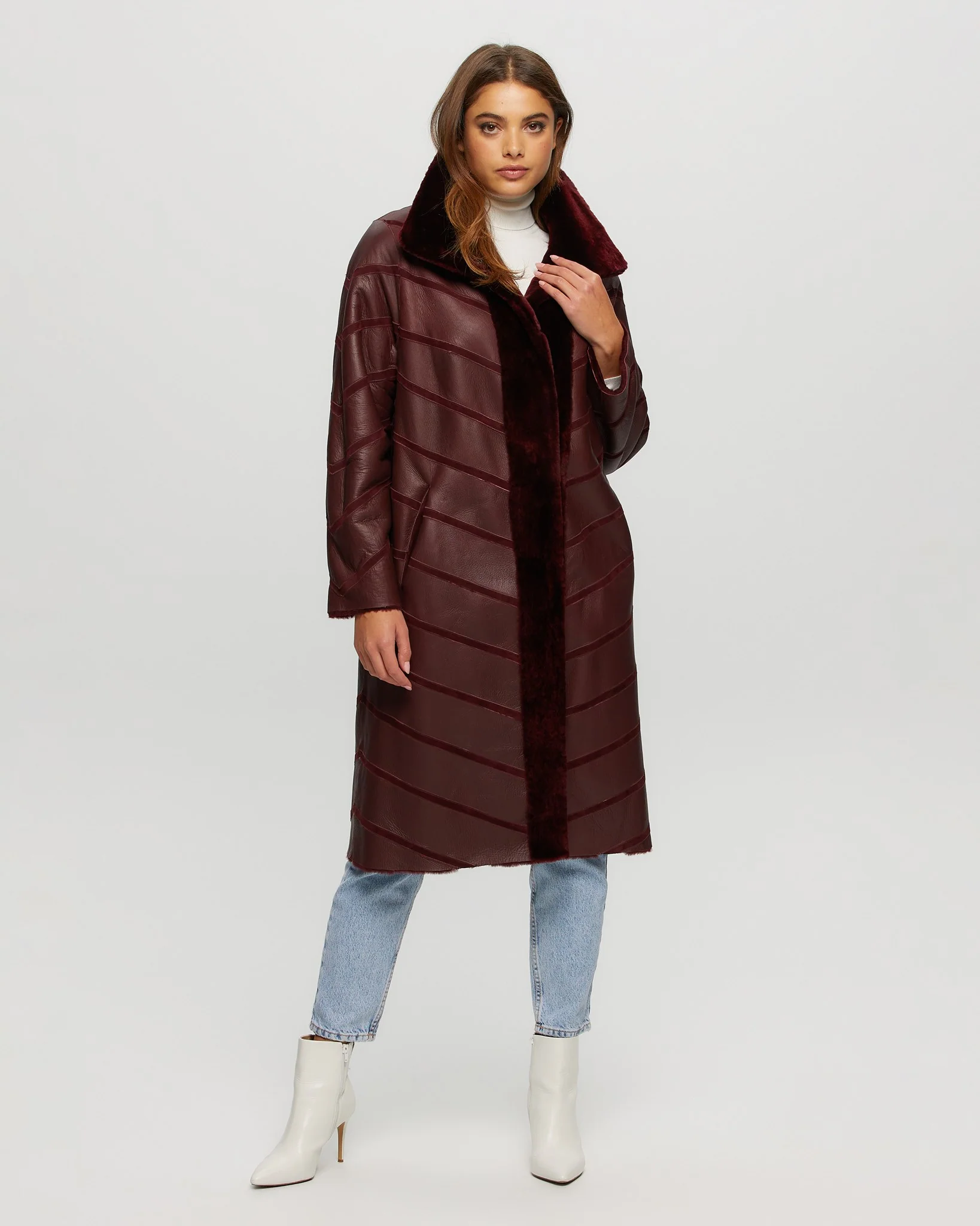 Reversible Merino Shearling Lamb Chevron Short Coat - Image 6