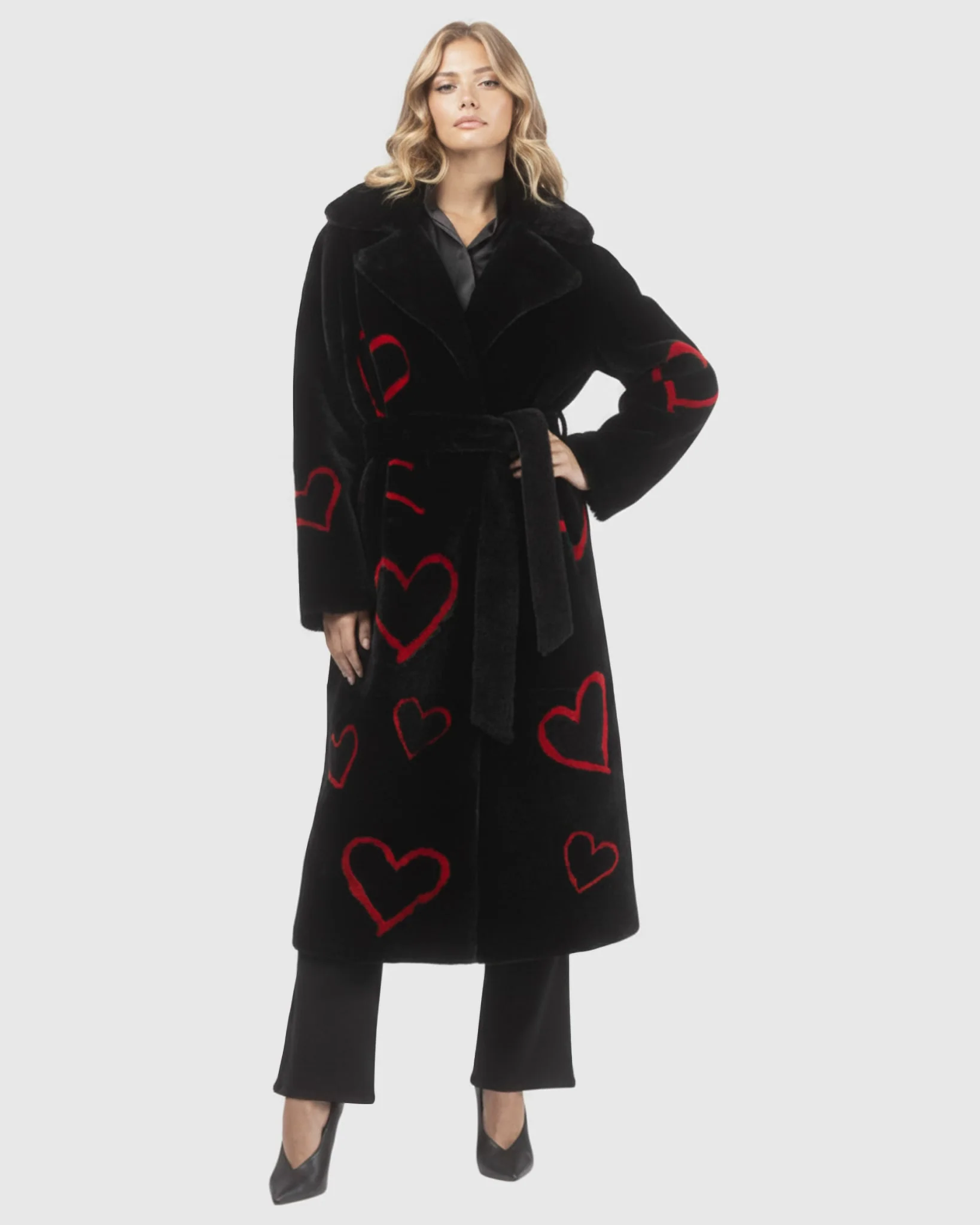 Reversible Shearling Lamb Coat With Heart Intarsia, Belt