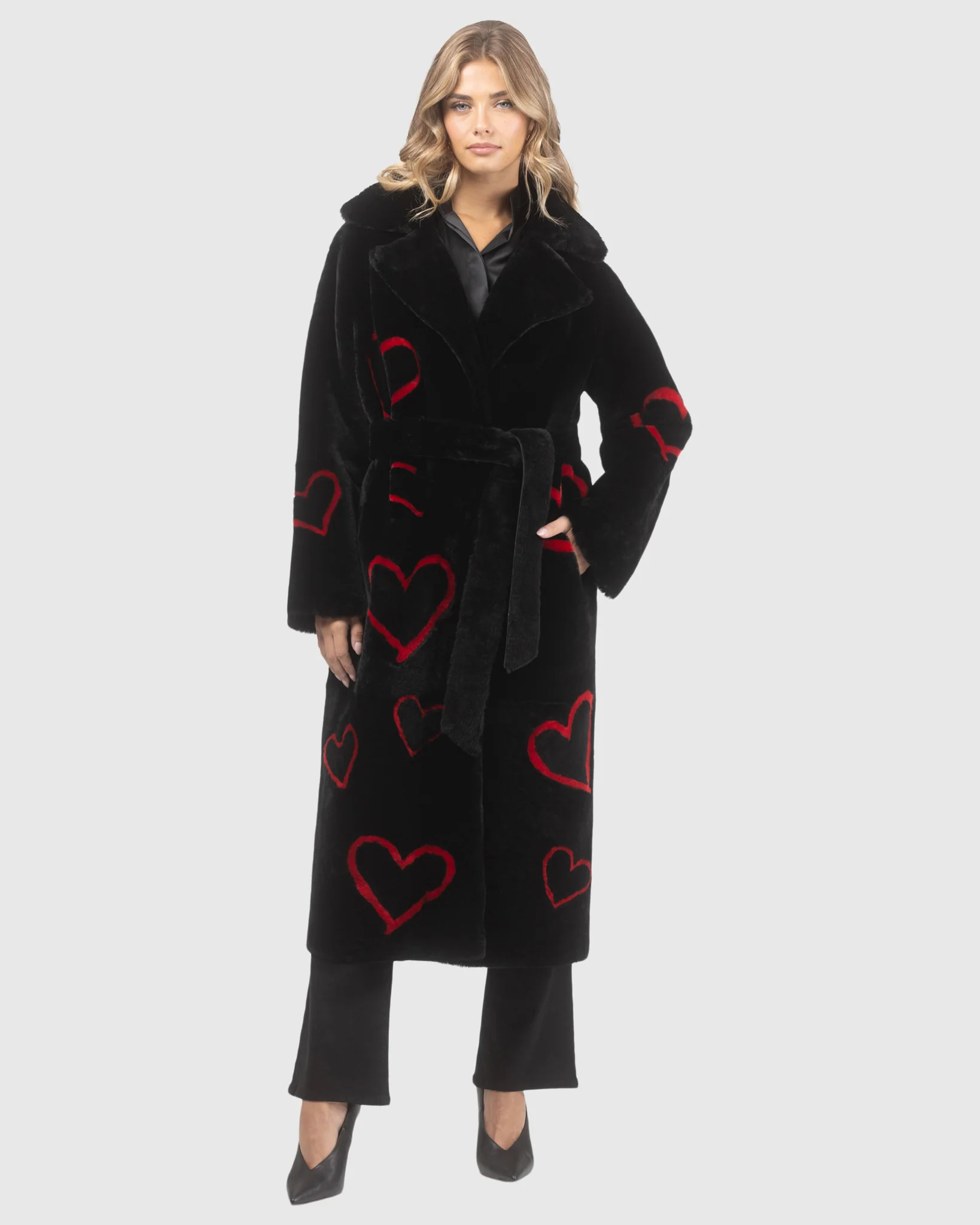 Reversible Shearling Lamb Coat With Heart Intarsia, Belt - Image 2