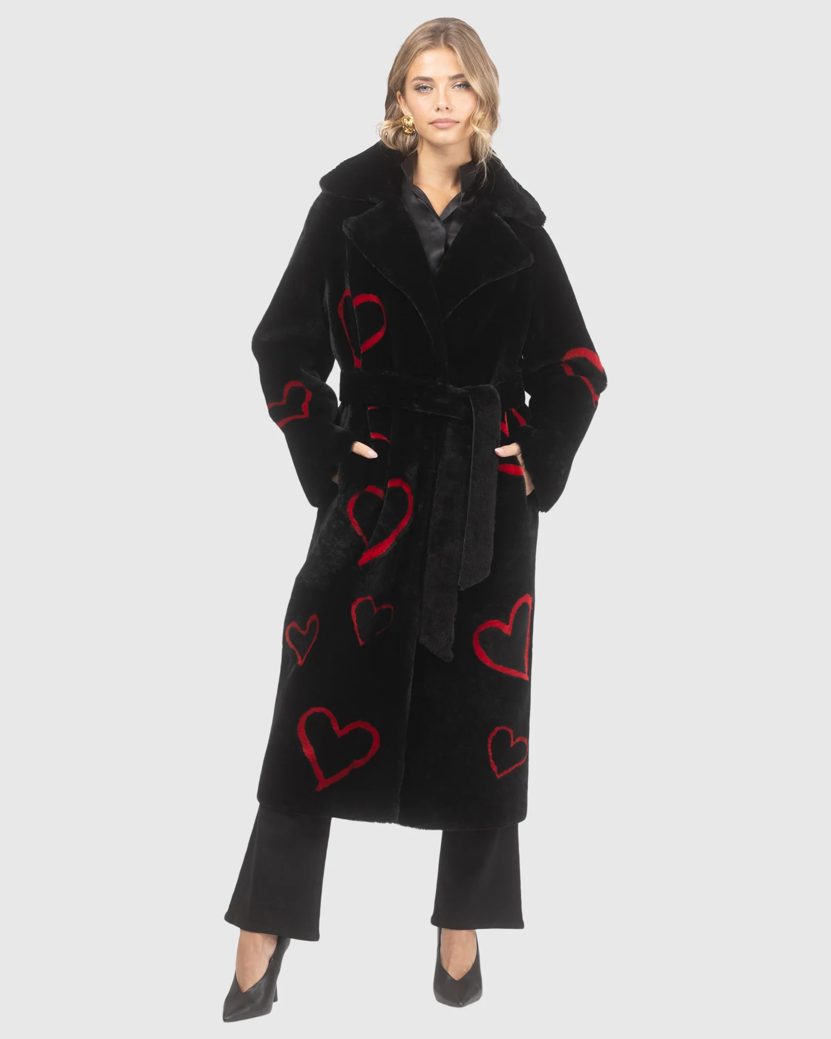 Reversible Shearling Lamb Coat With Heart Intarsia, Belt - Image 3