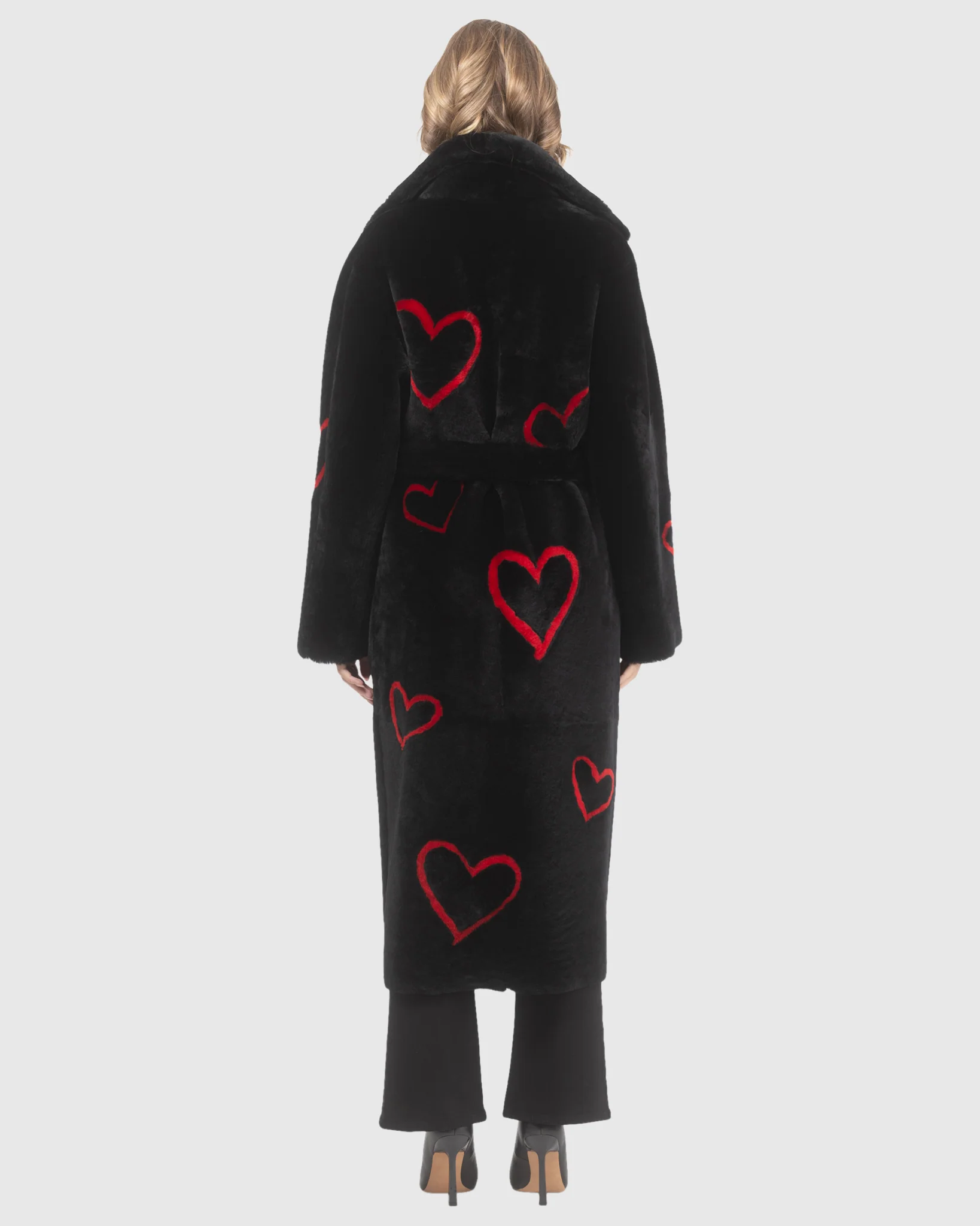 Reversible Shearling Lamb Coat With Heart Intarsia, Belt - Image 4
