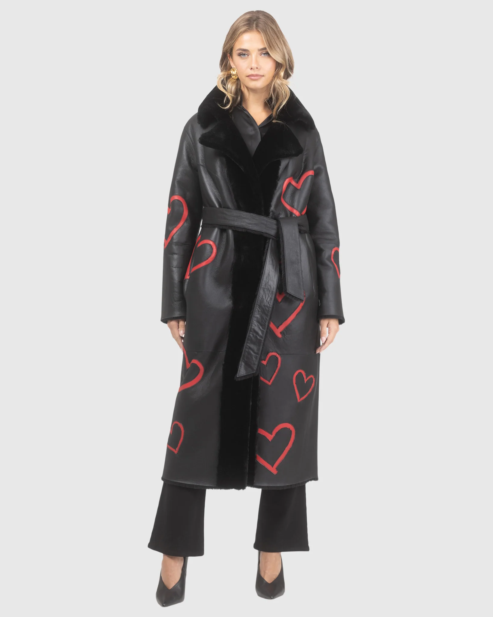 Reversible Shearling Lamb Coat With Heart Intarsia, Belt - Image 5
