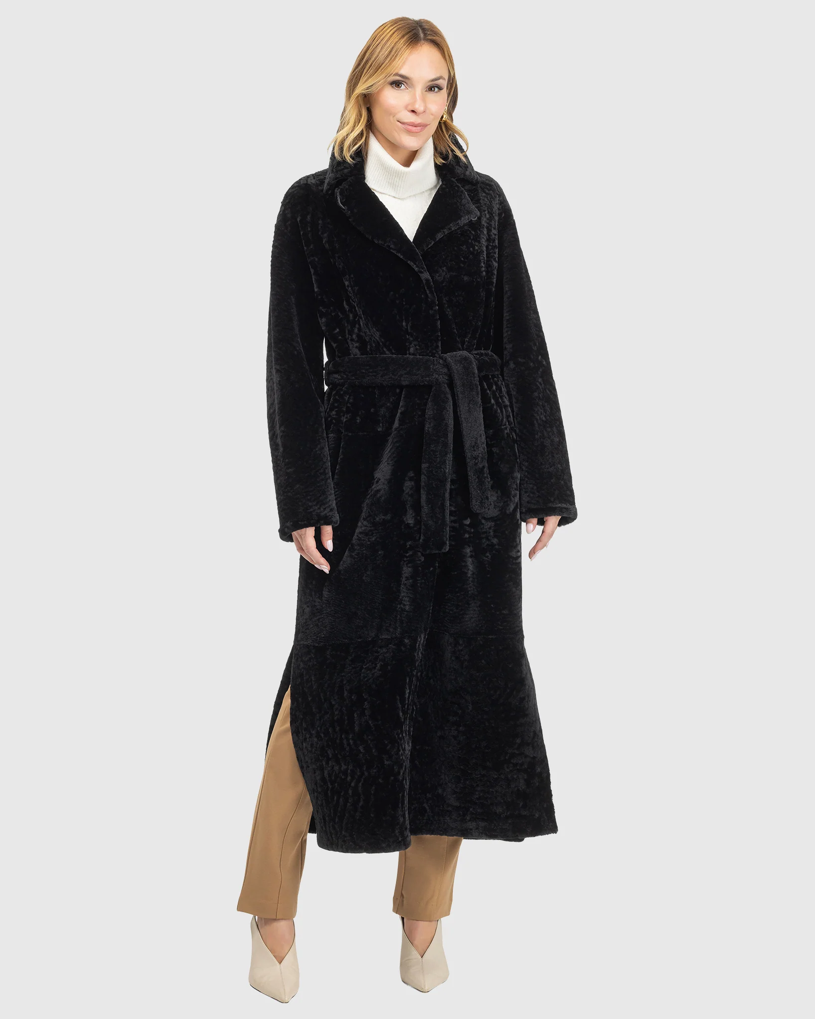 Reversible Select Shearling Lamb Coat With Side Slits And Belt