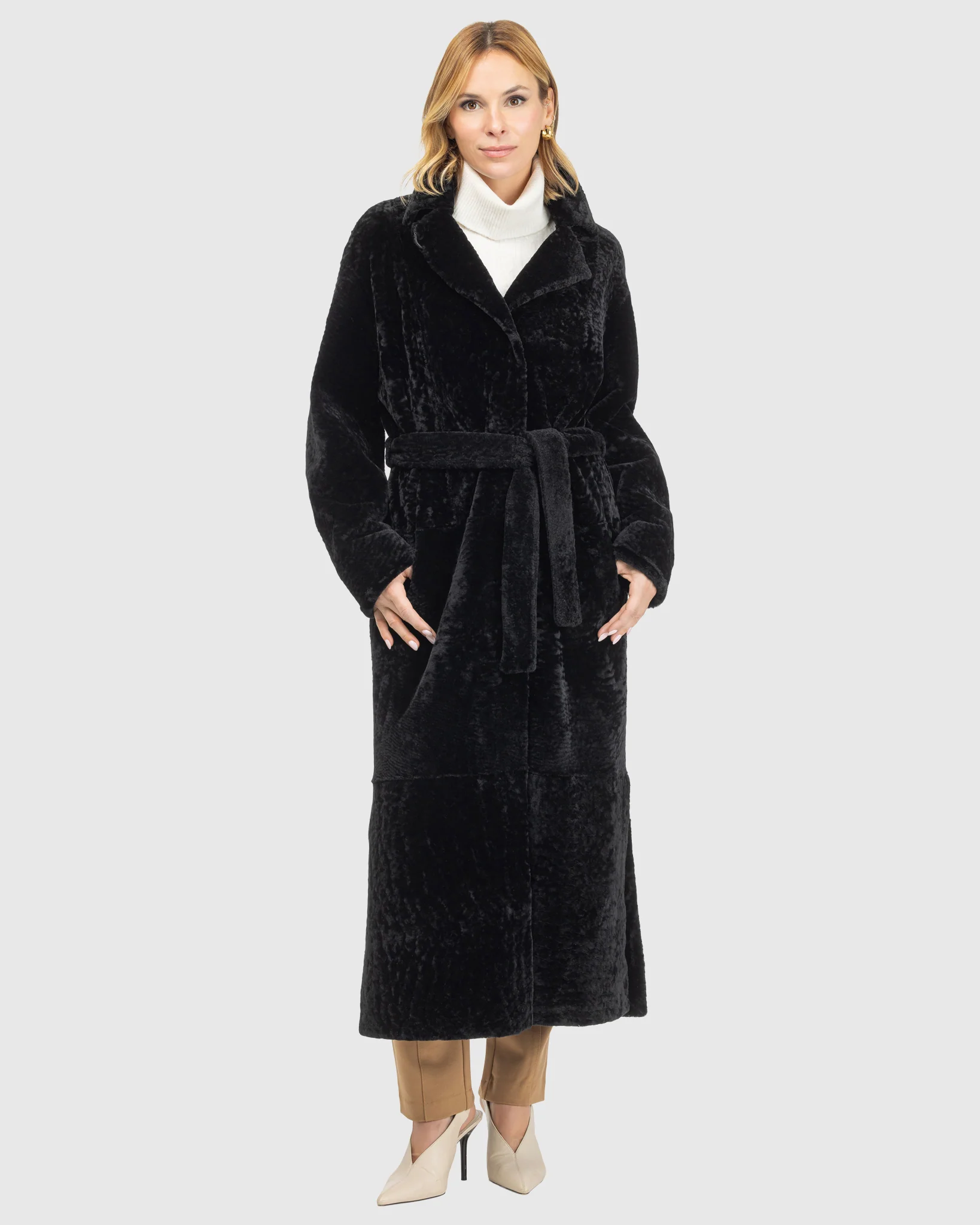 Reversible Select Shearling Lamb Coat With Side Slits And Belt - Image 2