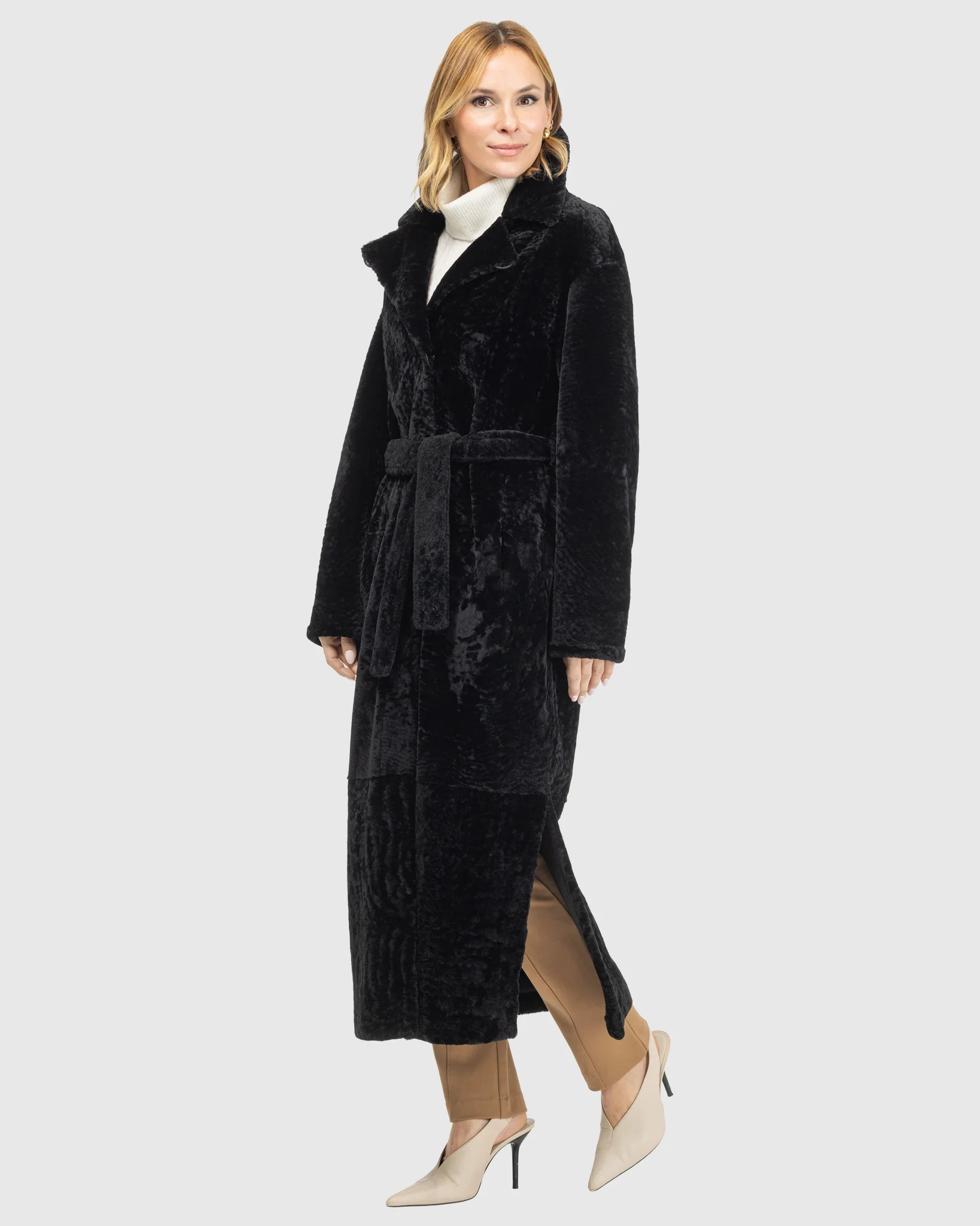 Reversible Select Shearling Lamb Coat With Side Slits And Belt - Image 3